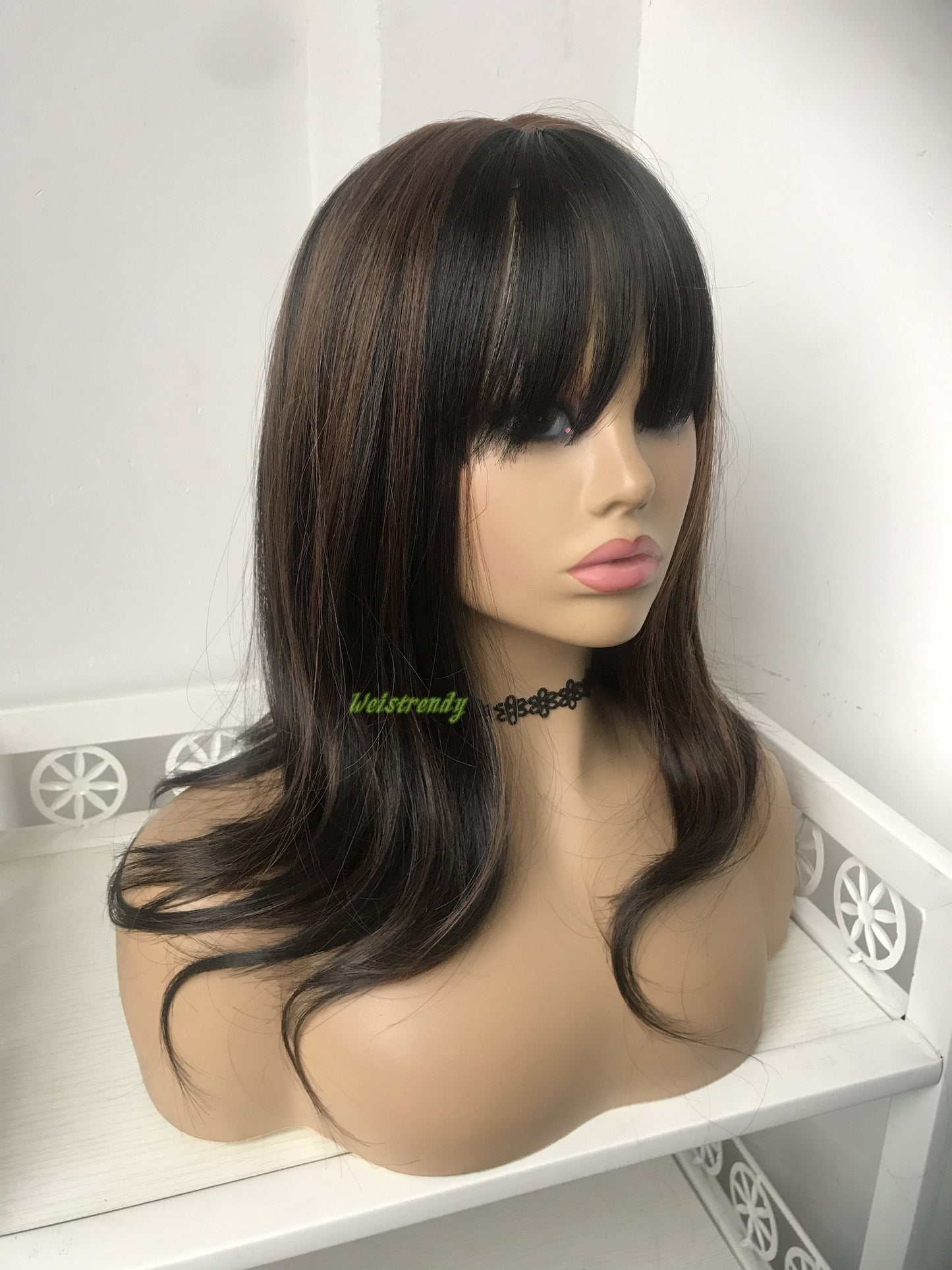 Mixed Black Brown Medium Length Straight Curl | Bangs/Fringe | Premium Synthetic Heat Safe Fibre Full cap Wig Realistic Wigs