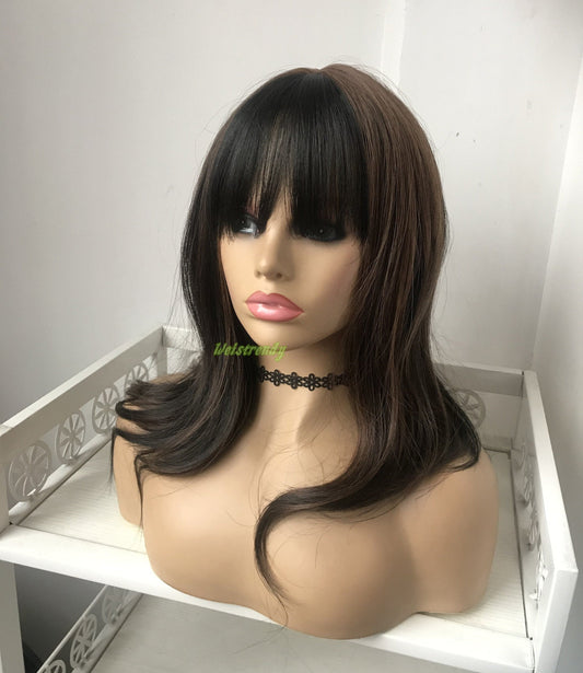 Mixed Black Brown Medium Length Straight Curl | Bangs/Fringe | Premium Synthetic Heat Safe Fibre Full cap Wig Realistic Wigs