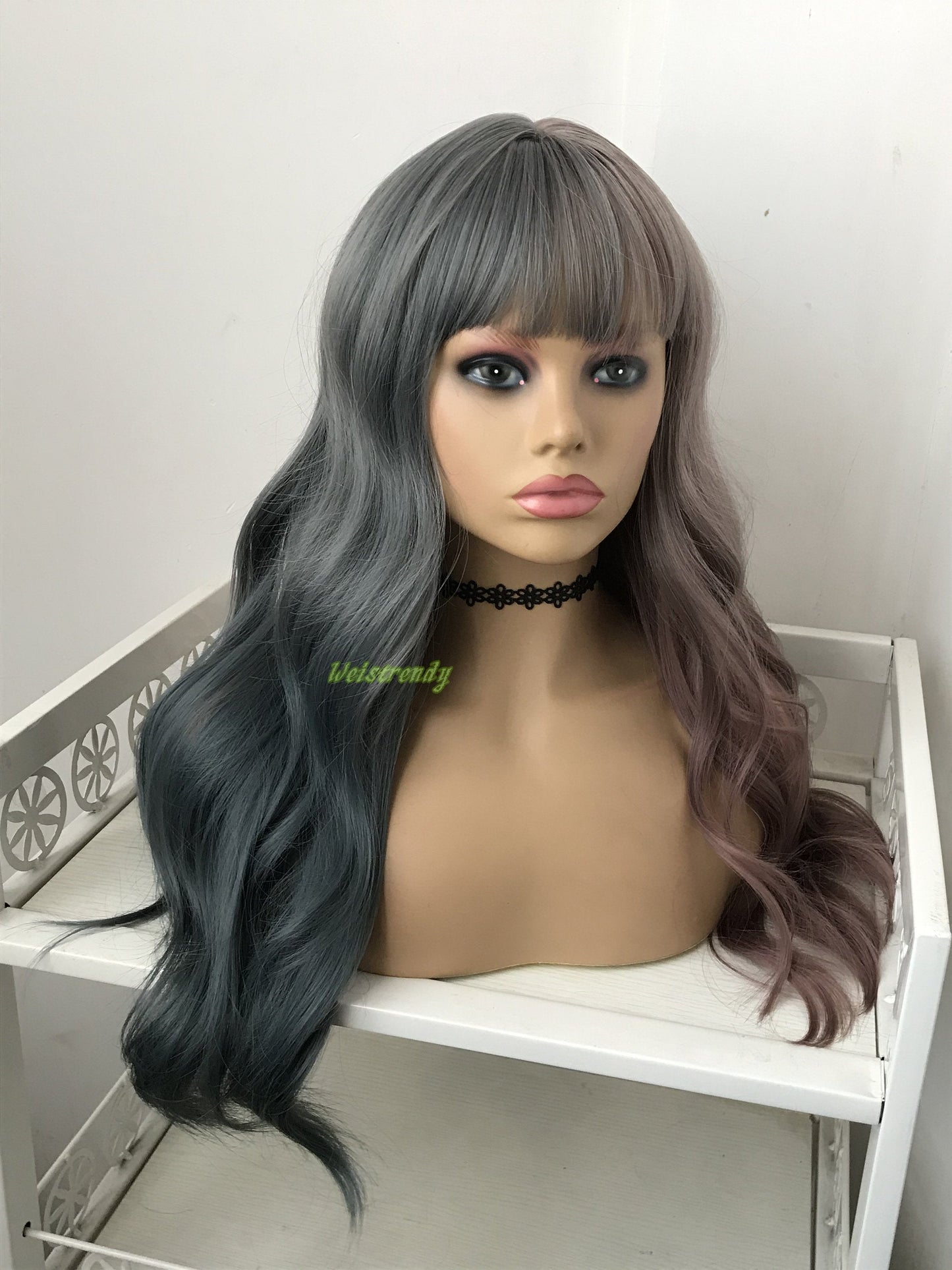 Half and Half Dusty Purple Dusty Blue Mixed Color Long Waves Hair Premium Synthetic No Lace Wig with Bangs Heat Safe