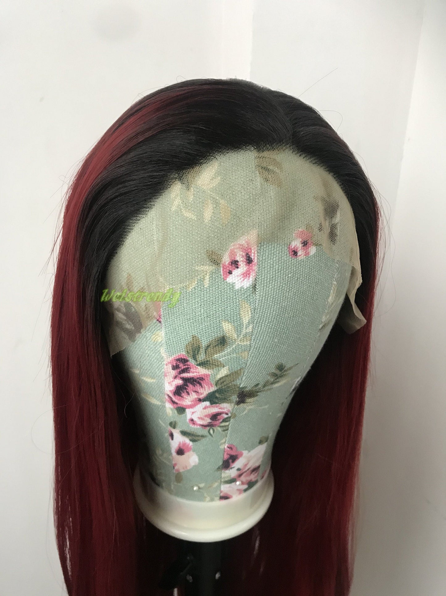 Ombré Dark Red Long Straight Hair with Black Roots Premium Synthetic Soft Swiss Lace Frontal Wig Multi Parting