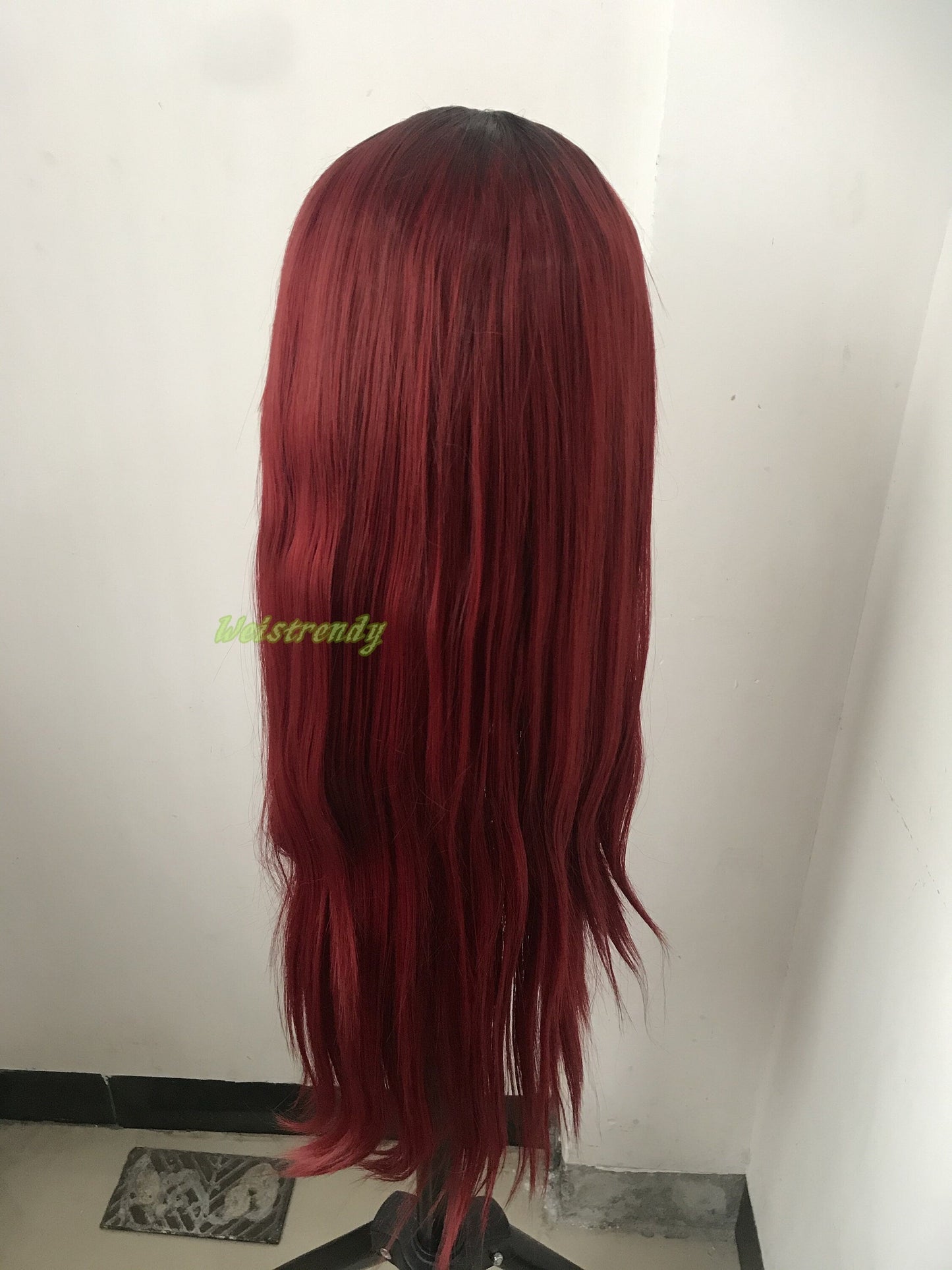 Ombré Dark Red Long Straight Hair with Black Roots Premium Synthetic Soft Swiss Lace Frontal Wig Multi Parting