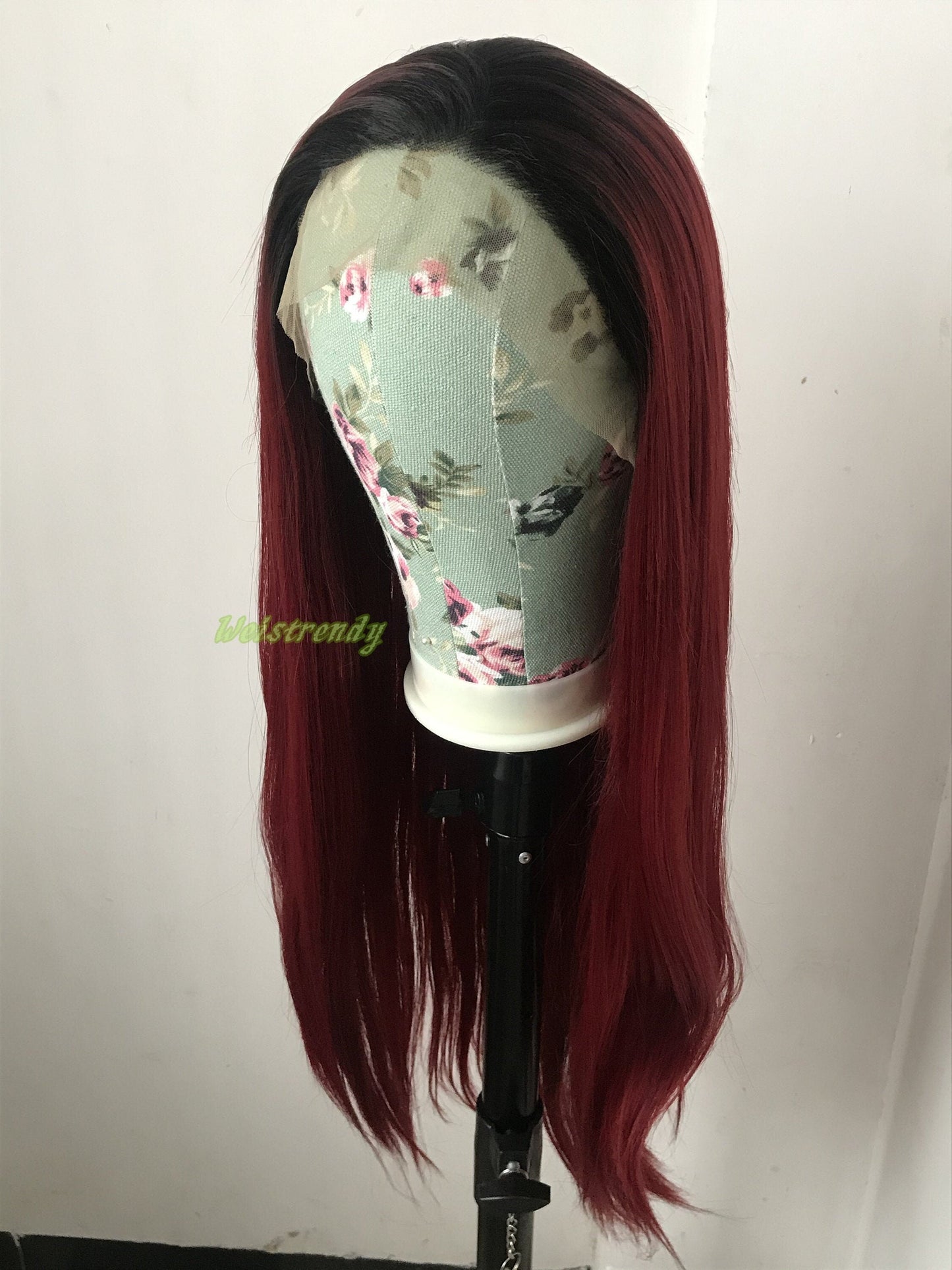 Ombré Dark Red Long Straight Hair with Black Roots Premium Synthetic Soft Swiss Lace Frontal Wig Multi Parting