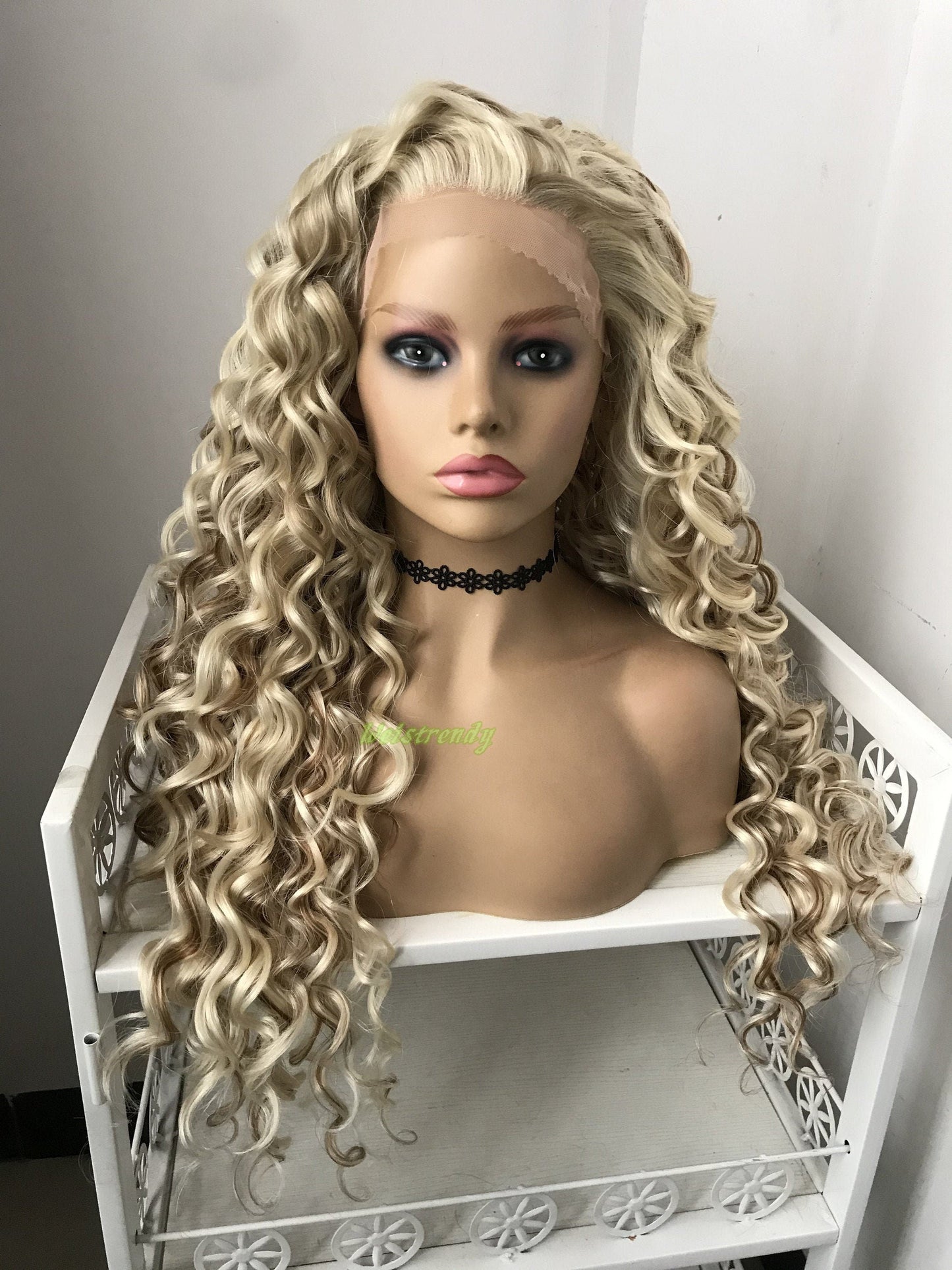Mixed Blonde Brown Long Ring Curls Wigs Premium Synthetic Fibre Heat Safe Glueless Lace Frontal Wig