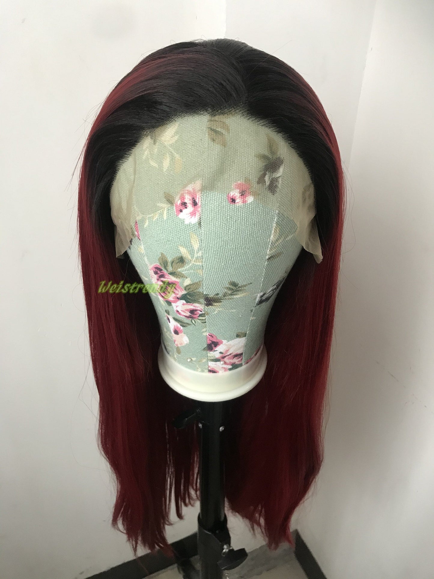 Ombré Dark Red Long Straight Hair with Black Roots Premium Synthetic Soft Swiss Lace Frontal Wig Multi Parting