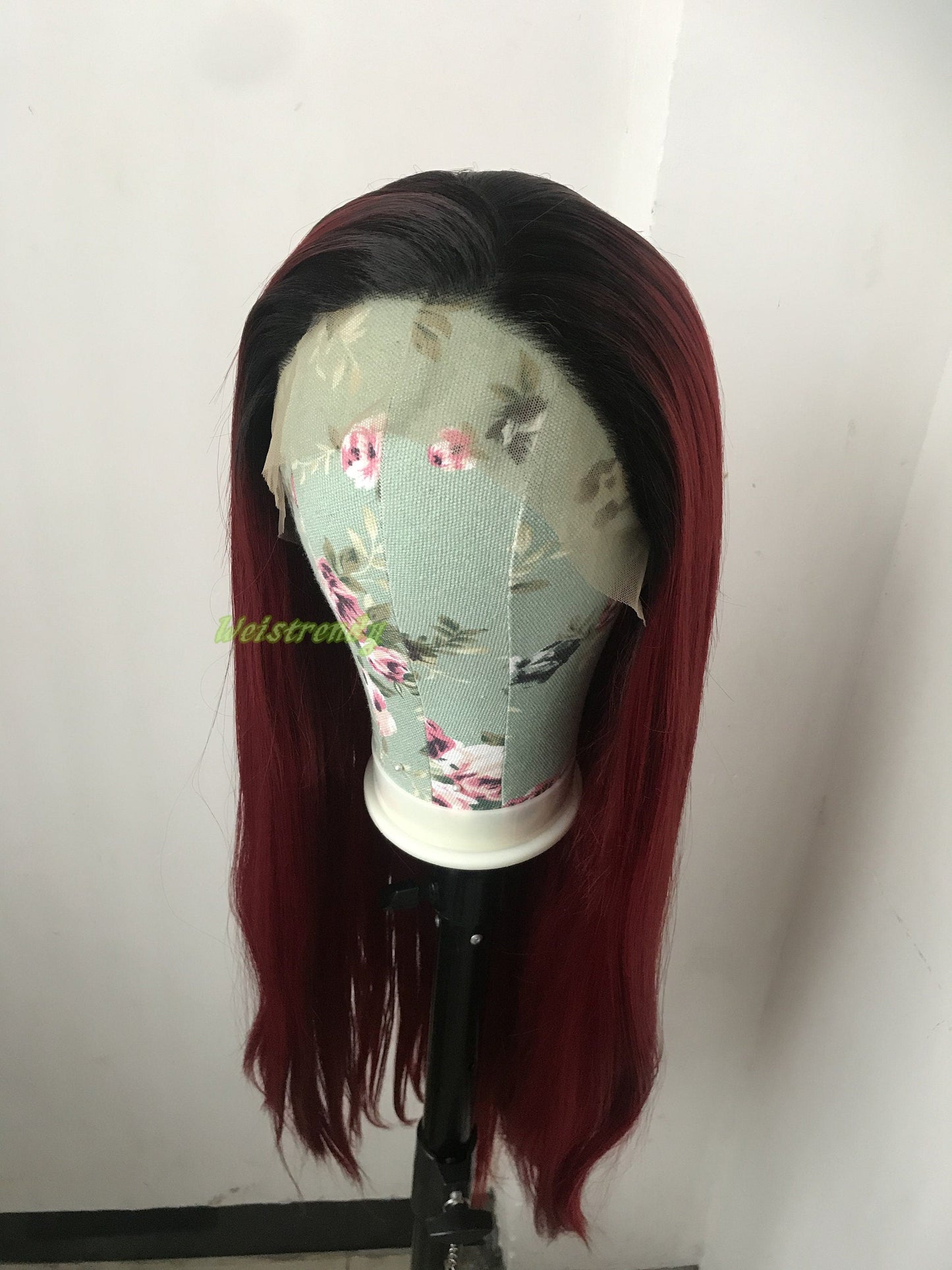Ombré Dark Red Long Straight Hair with Black Roots Premium Synthetic Soft Swiss Lace Frontal Wig Multi Parting