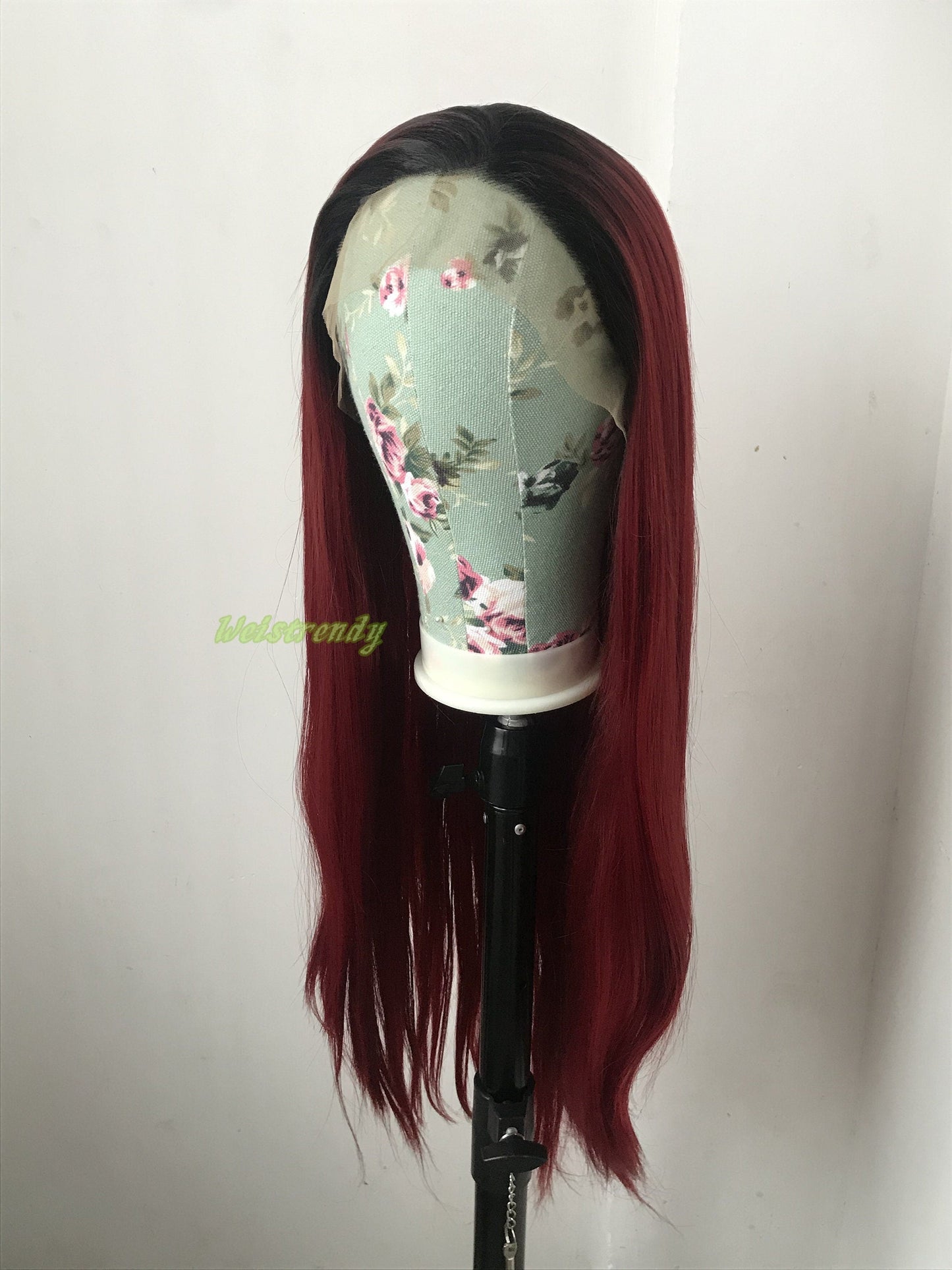 Ombré Dark Red Long Straight Hair with Black Roots Premium Synthetic Soft Swiss Lace Frontal Wig Multi Parting