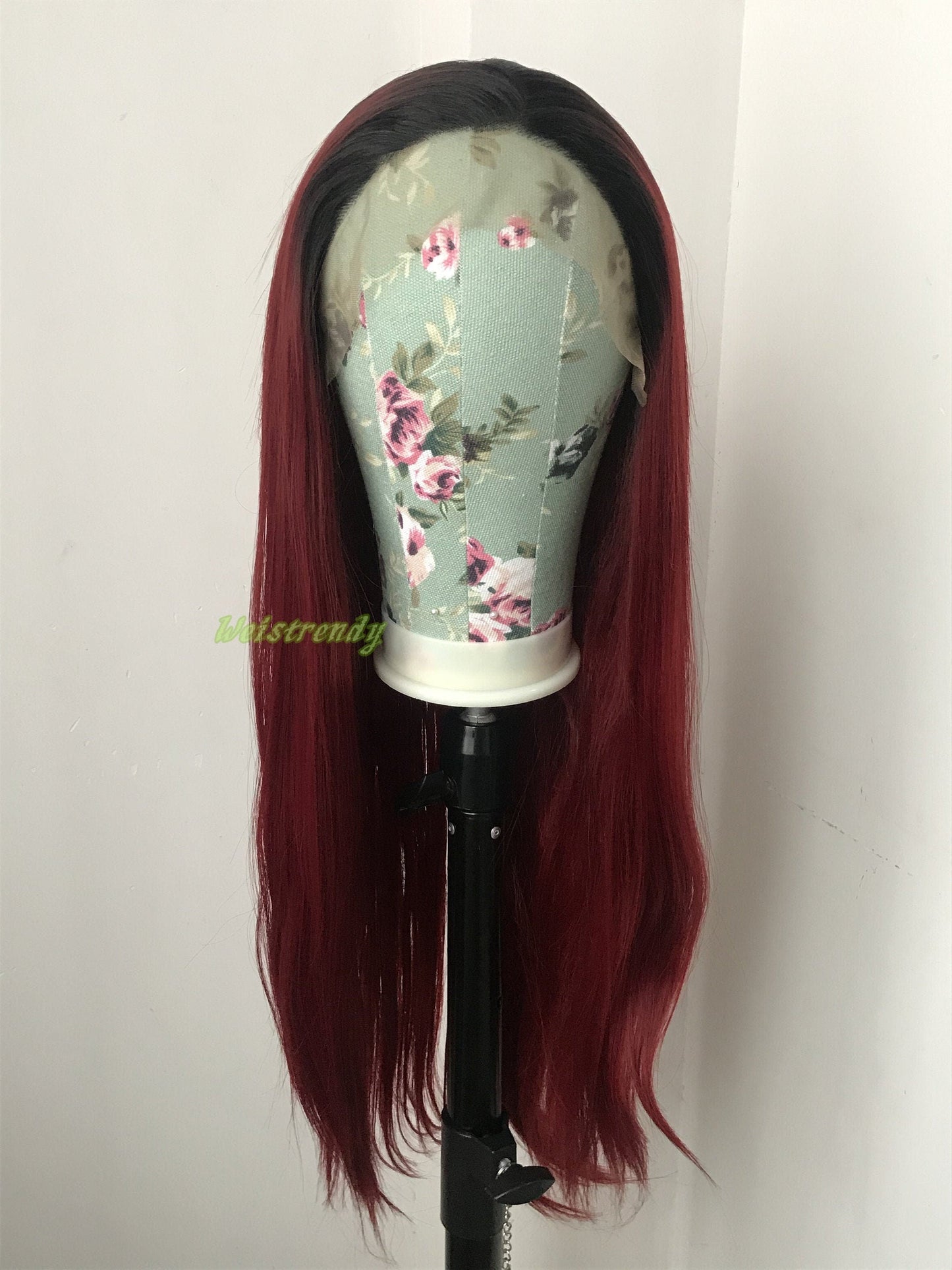 Ombré Dark Red Long Straight Hair with Black Roots Premium Synthetic Soft Swiss Lace Frontal Wig Multi Parting