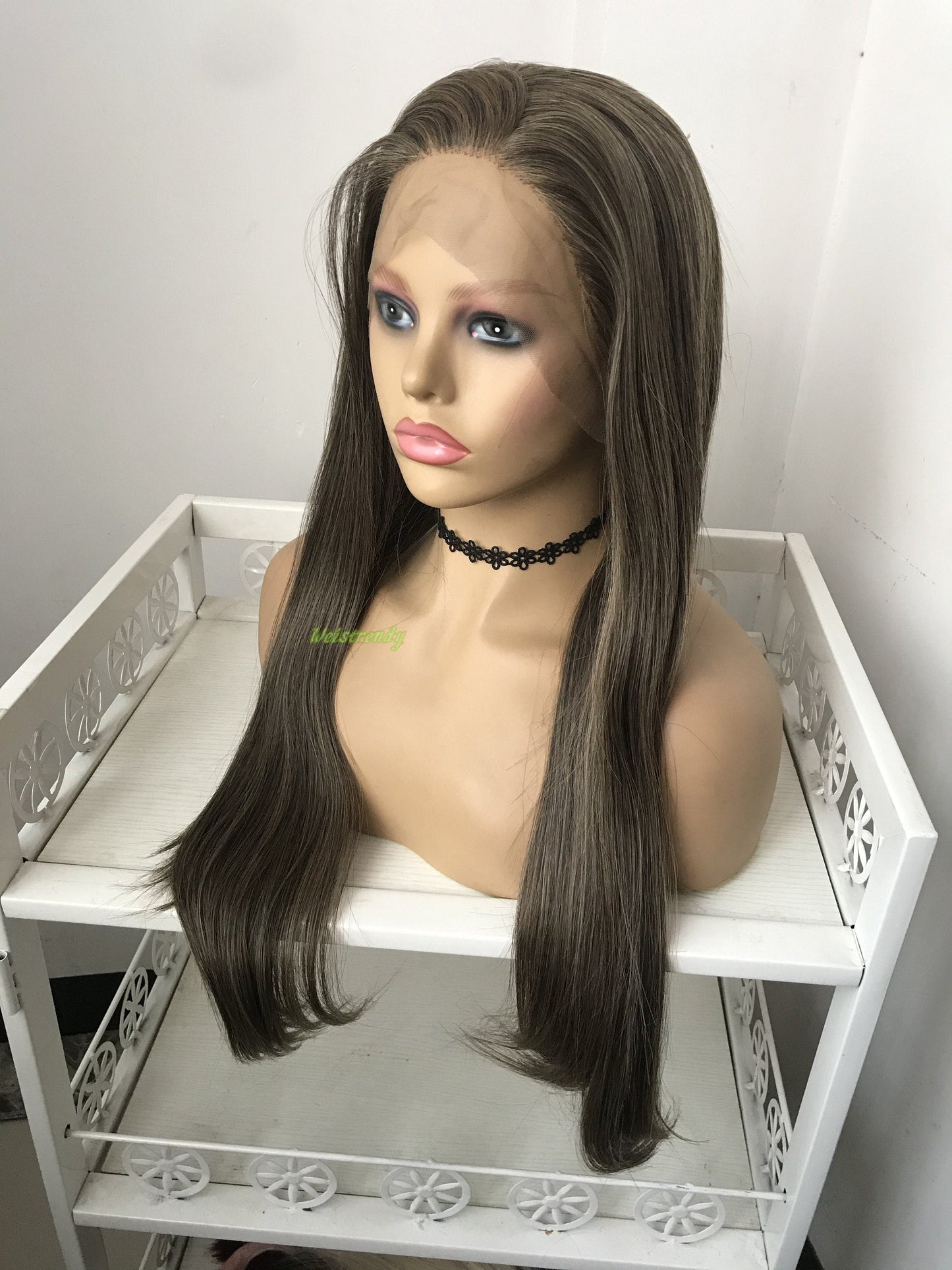 Dark Brunette Blend Long Straight Hair Premium Synthetic Lace Frontal Wig Heat Friendly