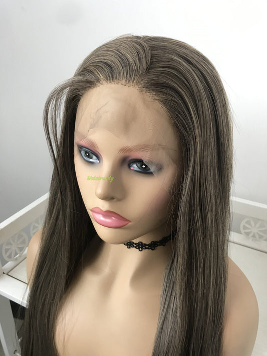 Dark Brunette Blend Long Straight Hair Premium Synthetic Lace Frontal Wig Heat Friendly