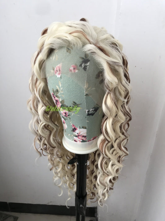 Mixed Blonde Brown Ring Curls Long Hair Wigs Premium Synthetic Fibre Heat Safe Glueless Lace Frontal Wig