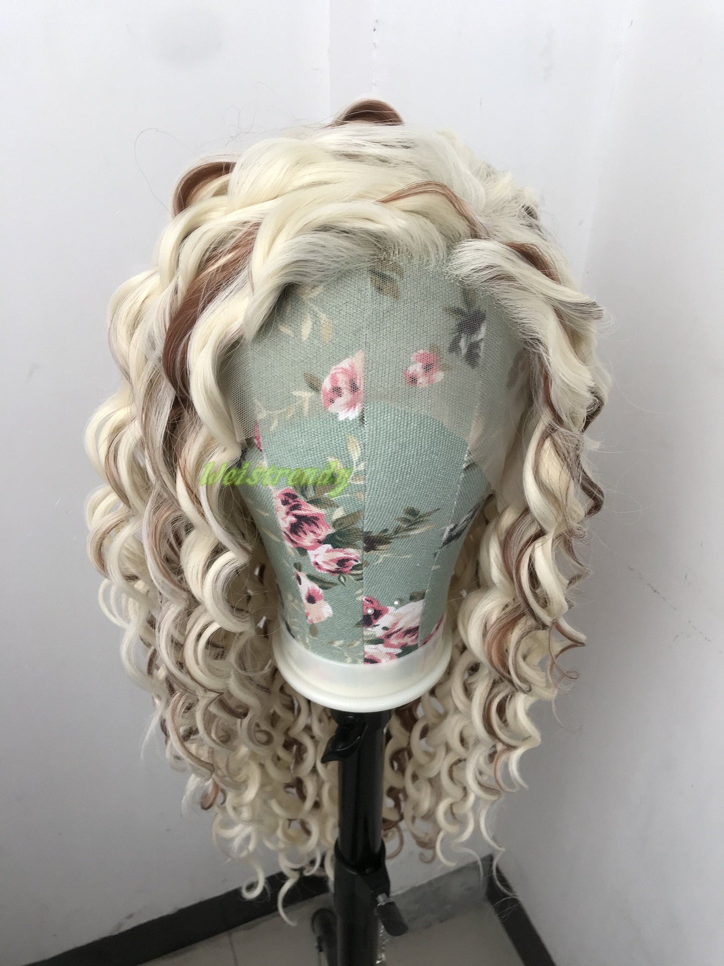 Mixed Blonde Brown Ring Curls Long Hair Wigs Premium Synthetic Fibre Heat Safe Glueless Lace Frontal Wig