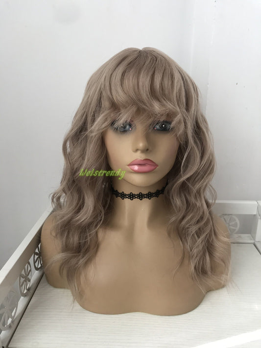 Mixed Brown Blonde Medium Length Wavy Curly Wigs with Fringes/Bangs Synthetic Wigs Heat Safe