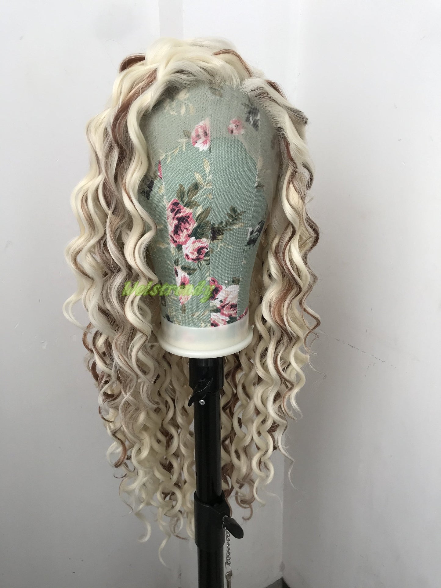 Mixed Blonde Brown Ring Curls Long Hair Wigs Premium Synthetic Fibre Heat Safe Glueless Lace Frontal Wig