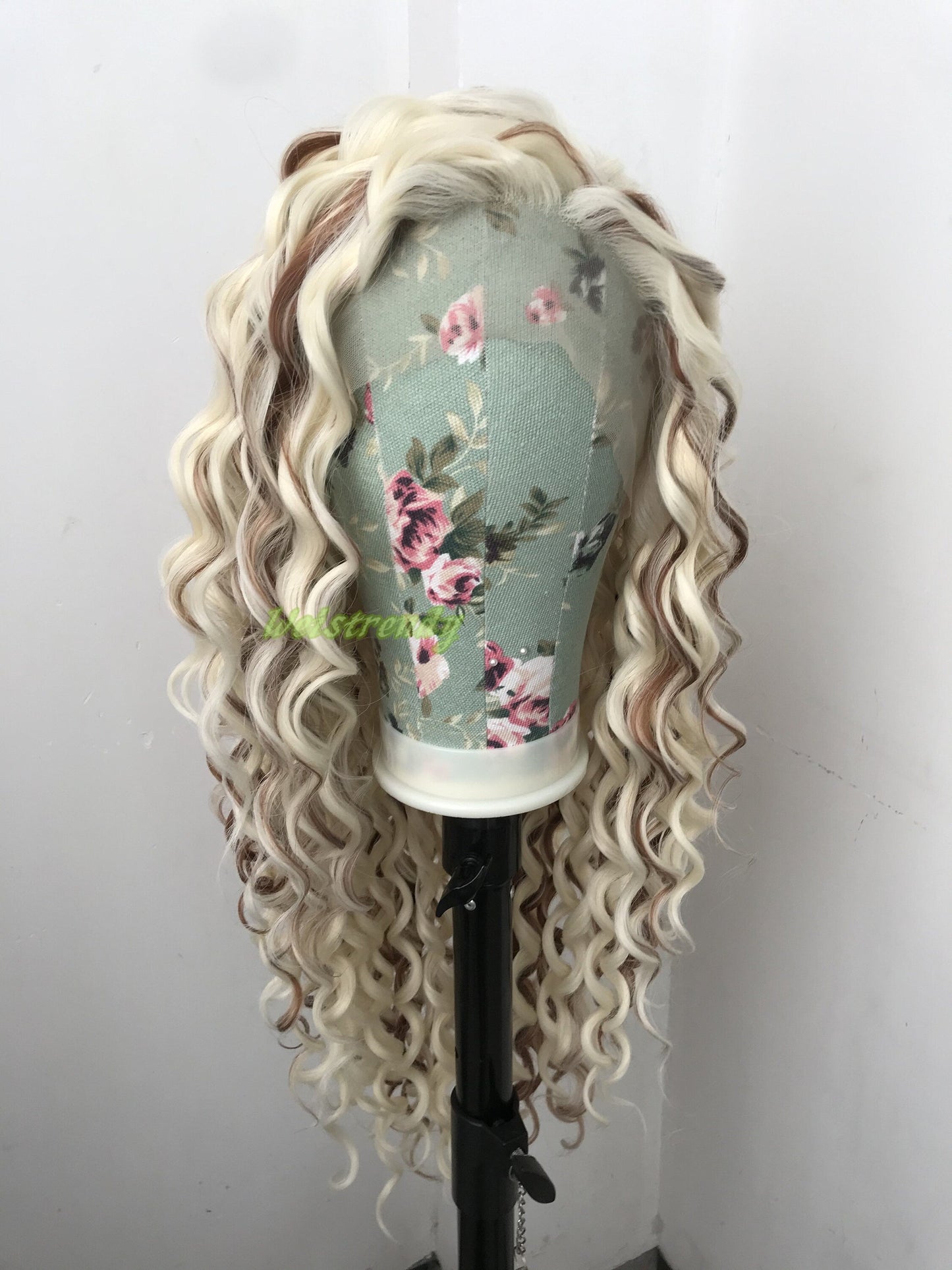 Mixed Blonde Brown Ring Curls Long Hair Wigs Premium Synthetic Fibre Heat Safe Glueless Lace Frontal Wig