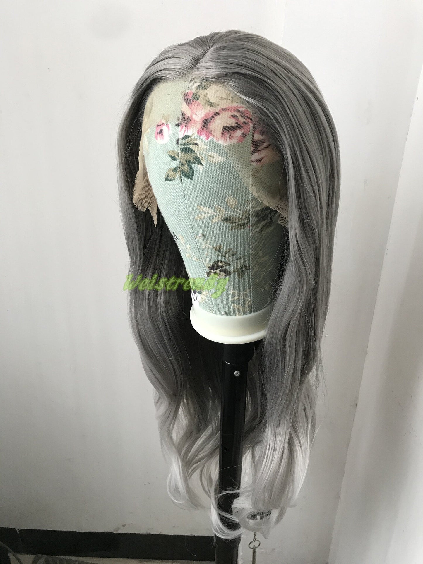 Realistic Dark Grey | Silver Grey into Light Grey | White Grey ends Long Straight Wavy Hair Premium Synthetic Lace frontal Wig Multi Part