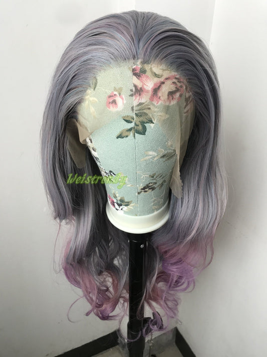 Mixed Purple Grey into Pink Purple Red 3 Tones Long Straight Wavy Hair Multi Part Premium Synthetic Soft Swiss Lace Wig Heat Friendly