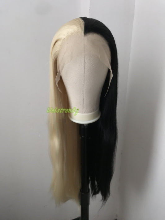 32in Half and Half Black 613 Blonde Long Straight Hair Synthetic Lace frontal Wig with Natural Hairline