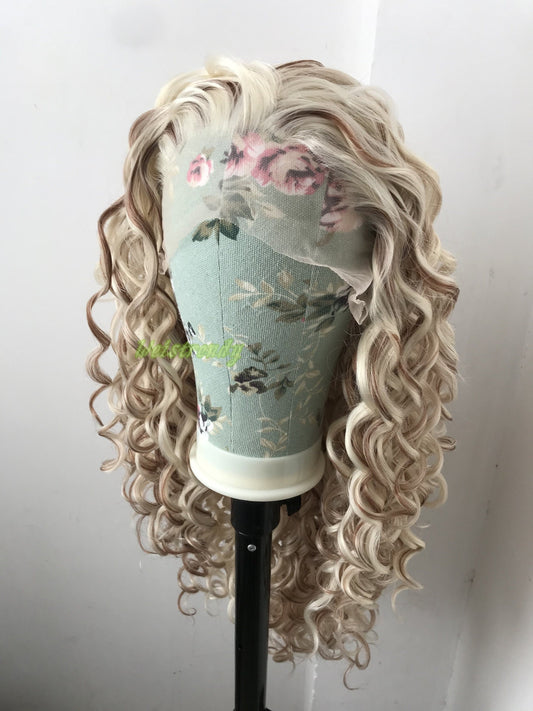 Mixed Light Blonde Brown Long Ring Curls Wigs Premium Synthetic Fibre Heat Safe Glueless Lace Front Wig