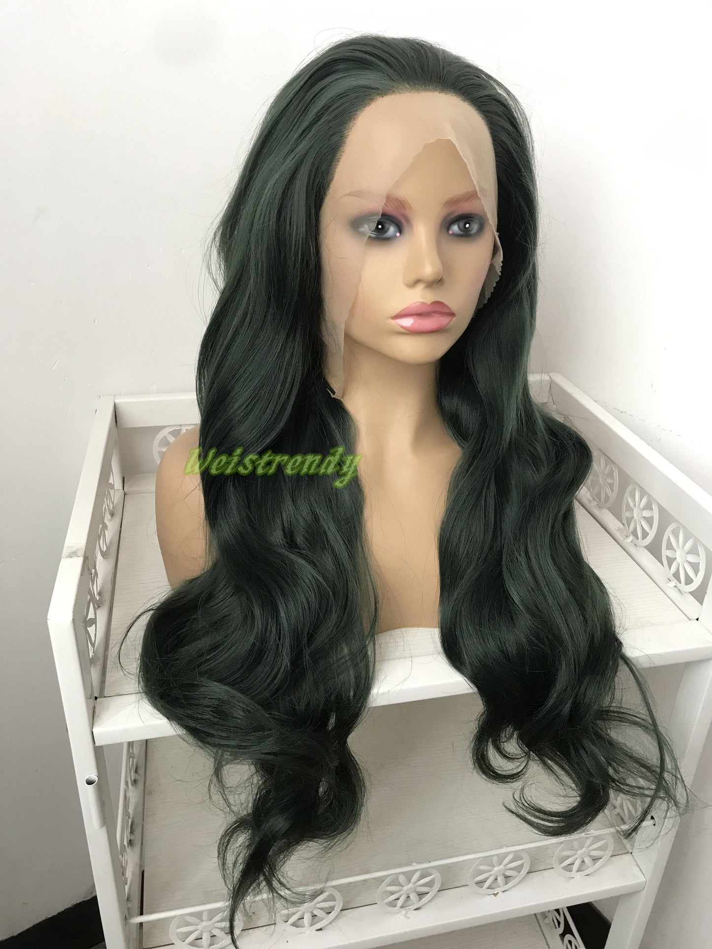 Dark Green | Christmas Green Long Wavy Hair Multi Part Premium Synthetic Soft Swiss Lace Wig Heat Friendly