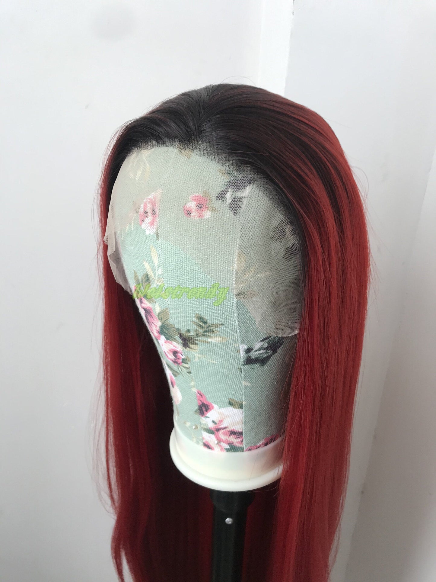 Ombré Dark Red Long Straight Hair with Black Roots Premium Synthetic Soft Swiss Lace Front Wig Multi Parting