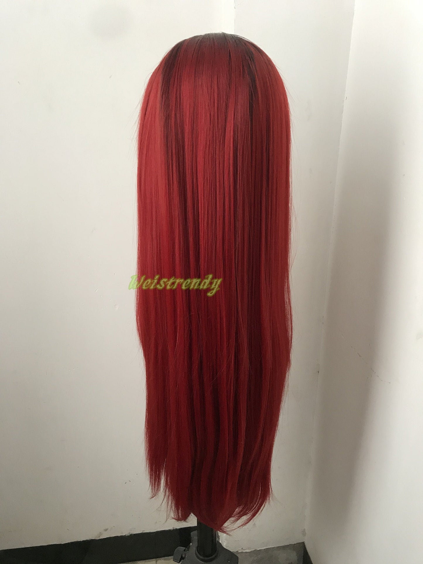 Ombré Dark Red Long Straight Hair with Black Roots Premium Synthetic Soft Swiss Lace Front Wig Multi Parting