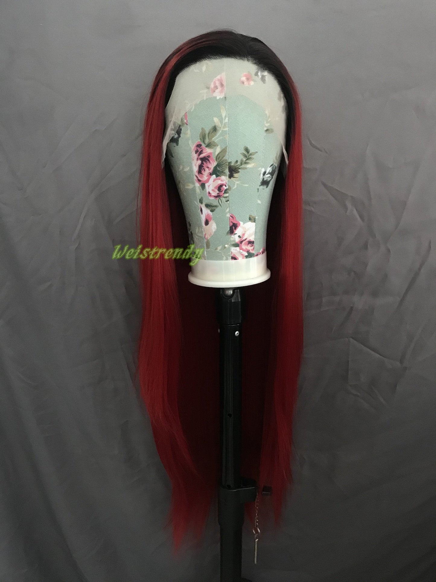 Ombré Dark Red Long Straight Hair with Black Roots Premium Synthetic Soft Swiss Lace Front Wig Multi Parting