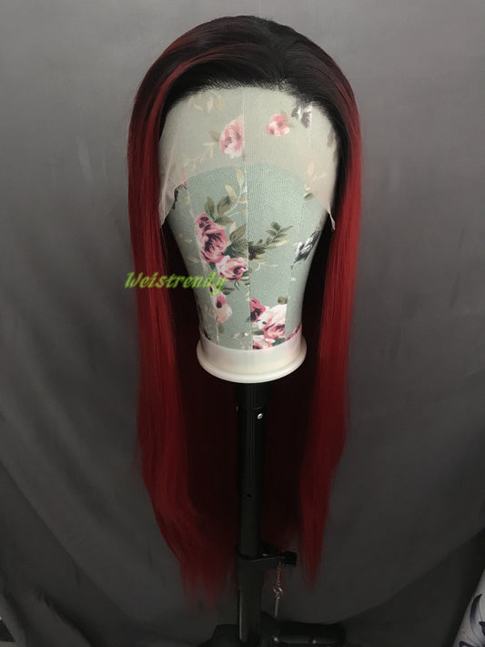 Ombré Dark Red Long Straight Hair with Black Roots Premium Synthetic Soft Swiss Lace Front Wig Multi Parting