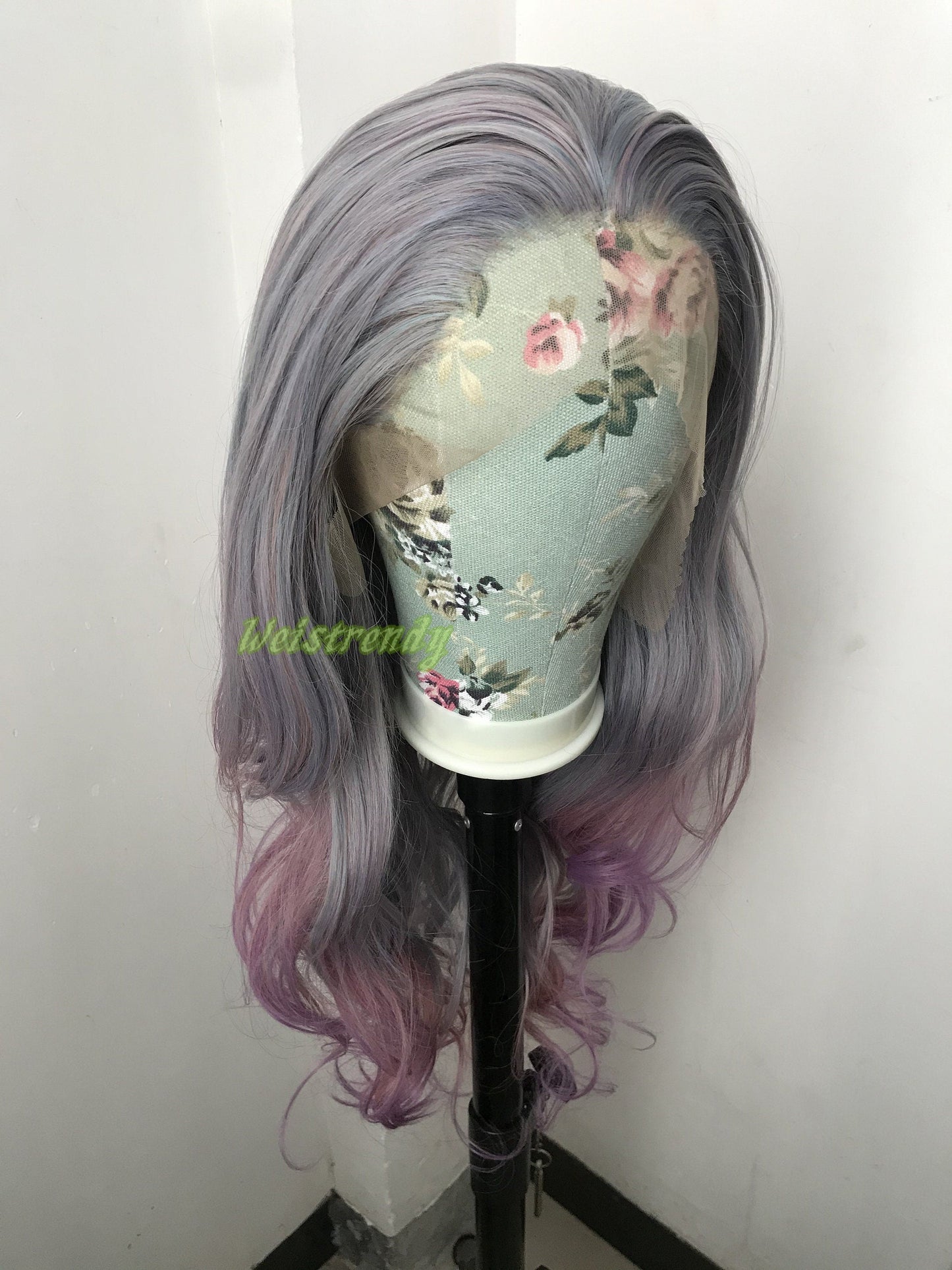 Mixed Purple Grey into Pink Purple Red 3 Tones Long Straight Wavy Hair Multi Part Premium Synthetic Soft Swiss Lace Wig Heat Friendly