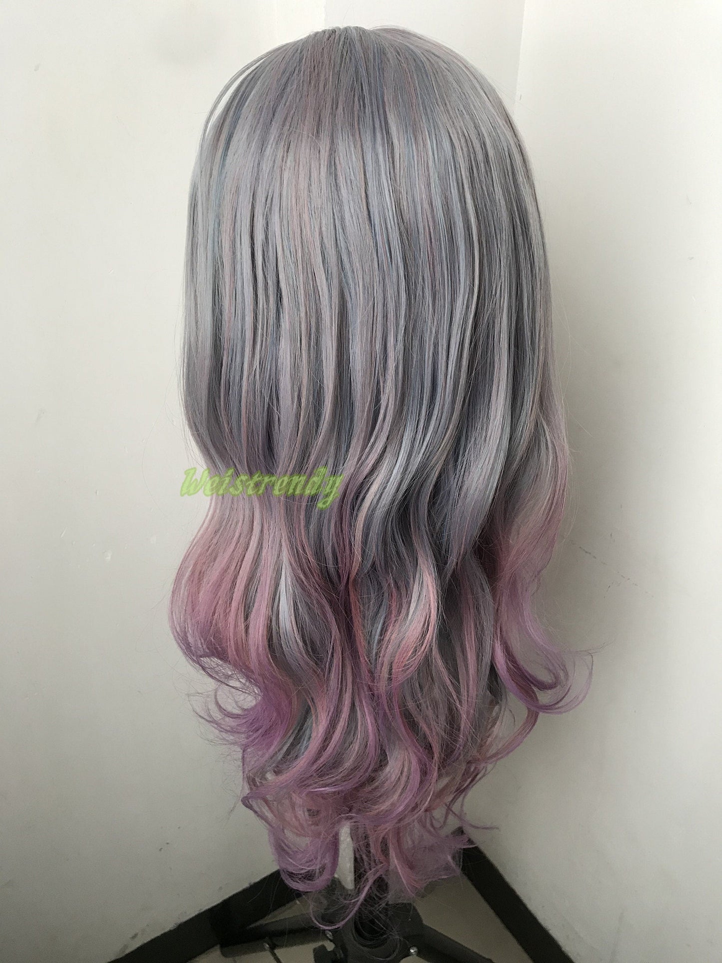 Mixed Purple Grey into Pink Purple Red 3 Tones Long Straight Wavy Hair Multi Part Premium Synthetic Soft Swiss Lace Wig Heat Friendly