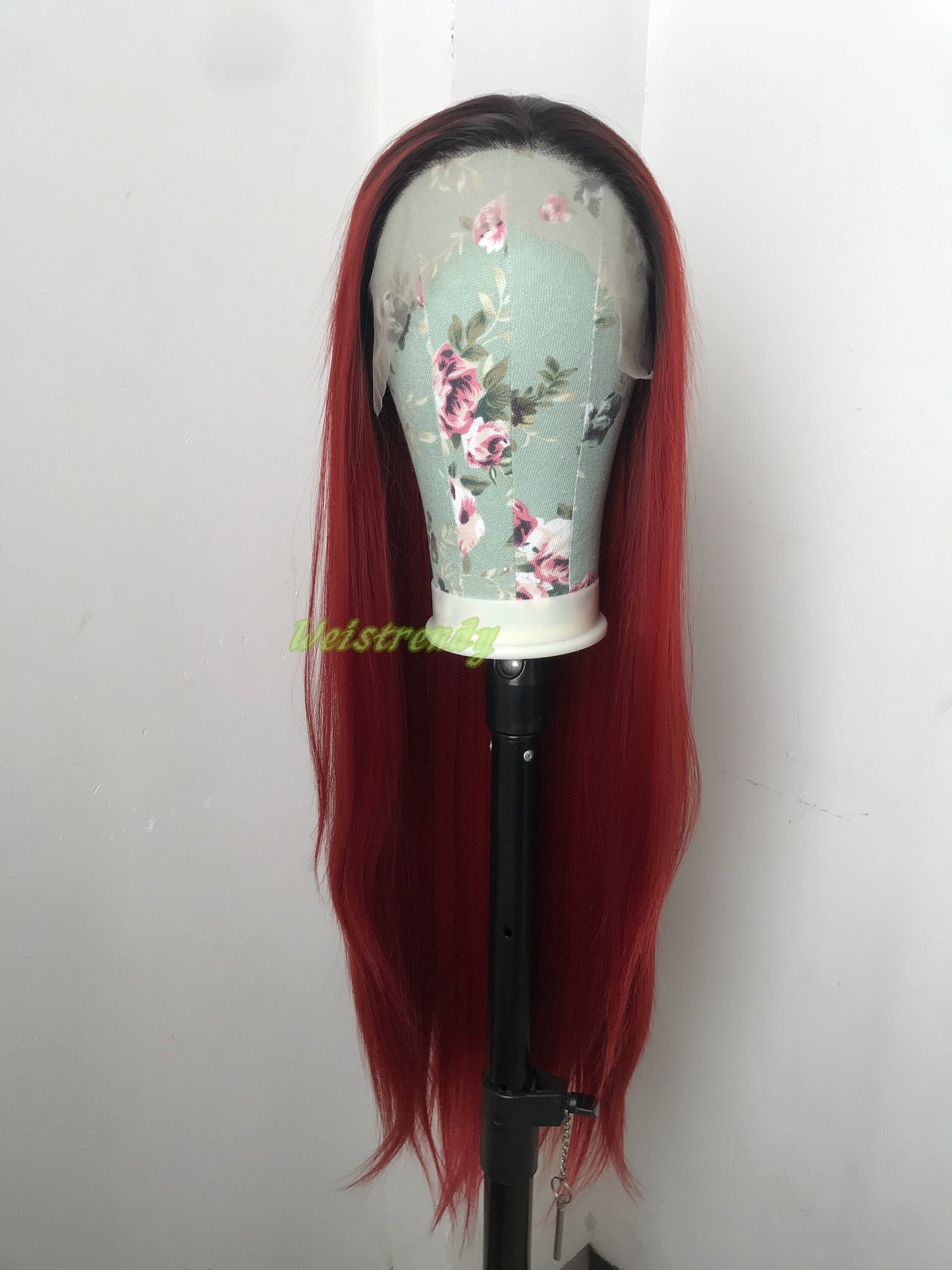 Ombré Dark Red Long Straight Hair with Black Roots Premium Synthetic Soft Swiss Lace Front Wig Multi Parting