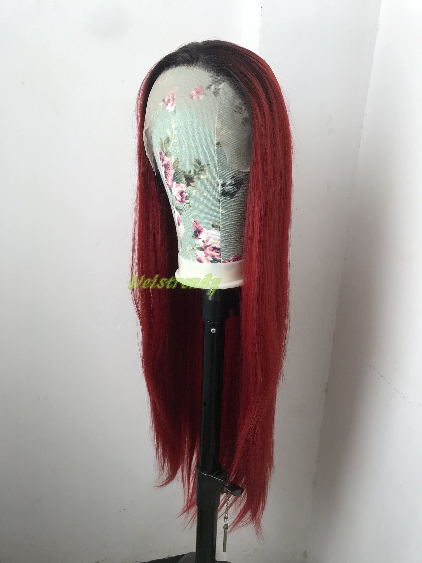 Ombré Dark Red Long Straight Hair with Black Roots Premium Synthetic Soft Swiss Lace Front Wig Multi Parting