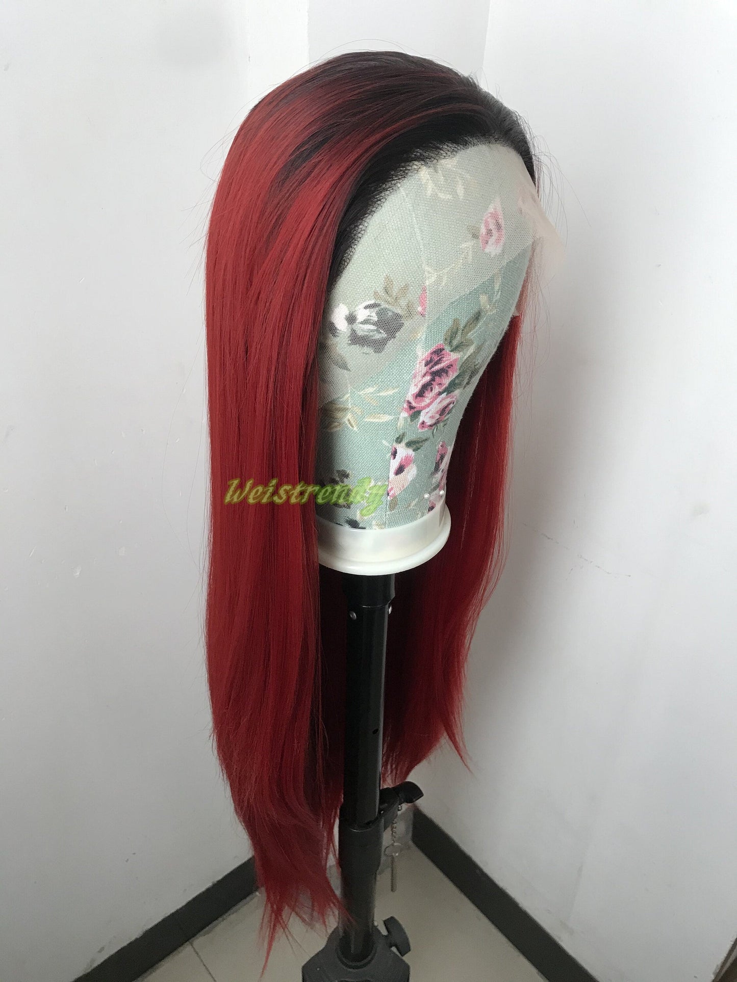 Ombré Dark Red Long Straight Hair with Black Roots Premium Synthetic Soft Swiss Lace Front Wig Multi Parting
