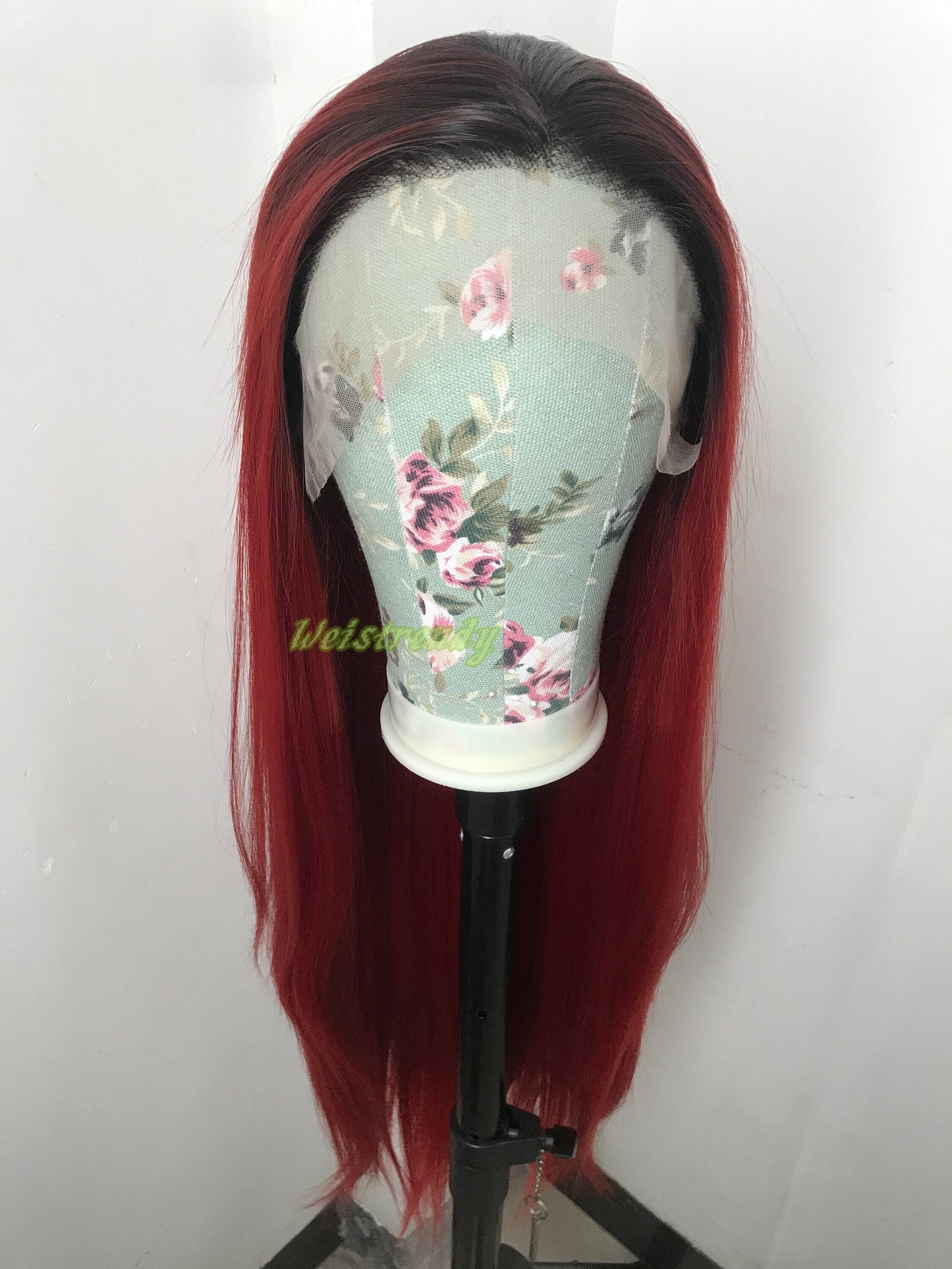 Ombré Dark Red Long Straight Hair with Black Roots Premium Synthetic Soft Swiss Lace Front Wig Multi Parting