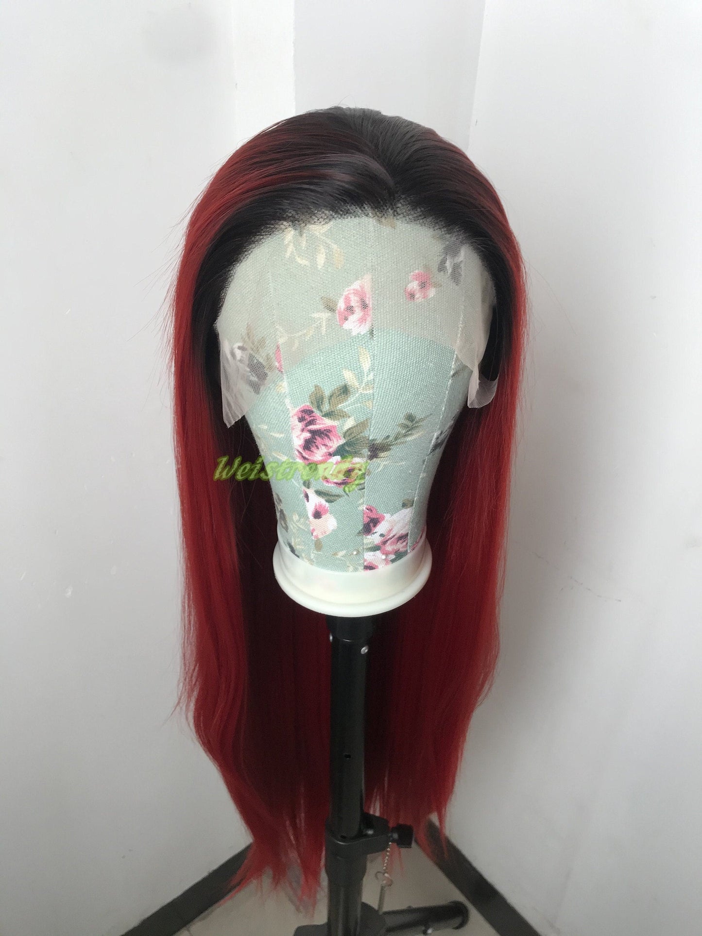 Ombré Dark Red Long Straight Hair with Black Roots Premium Synthetic Soft Swiss Lace Front Wig Multi Parting