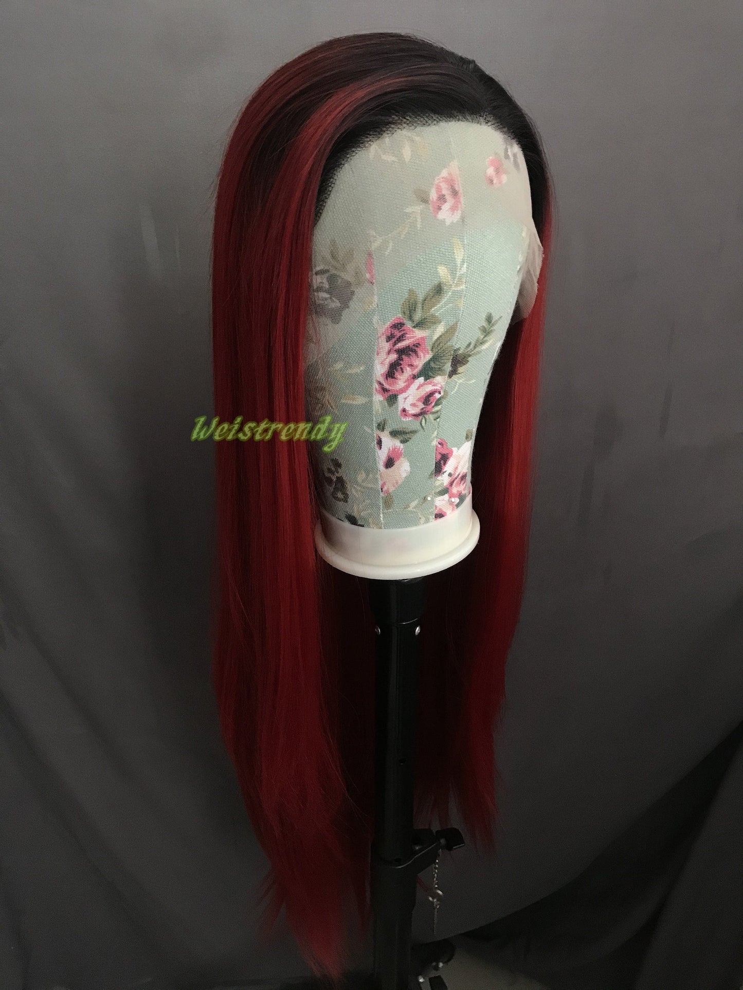 Ombré Dark Red Long Straight Hair with Black Roots Premium Synthetic Soft Swiss Lace Front Wig Multi Parting