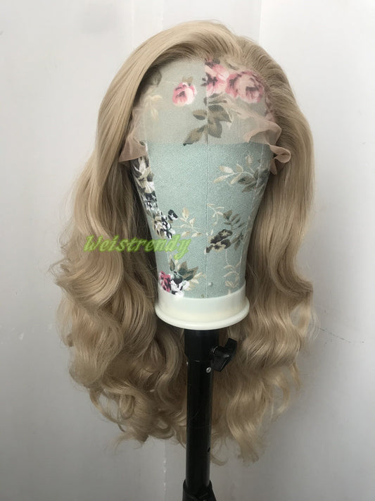 Ash Blonde Long Curls Wavy Hair Hair Premium Synthetic Lace frontal Wig Heat Safe