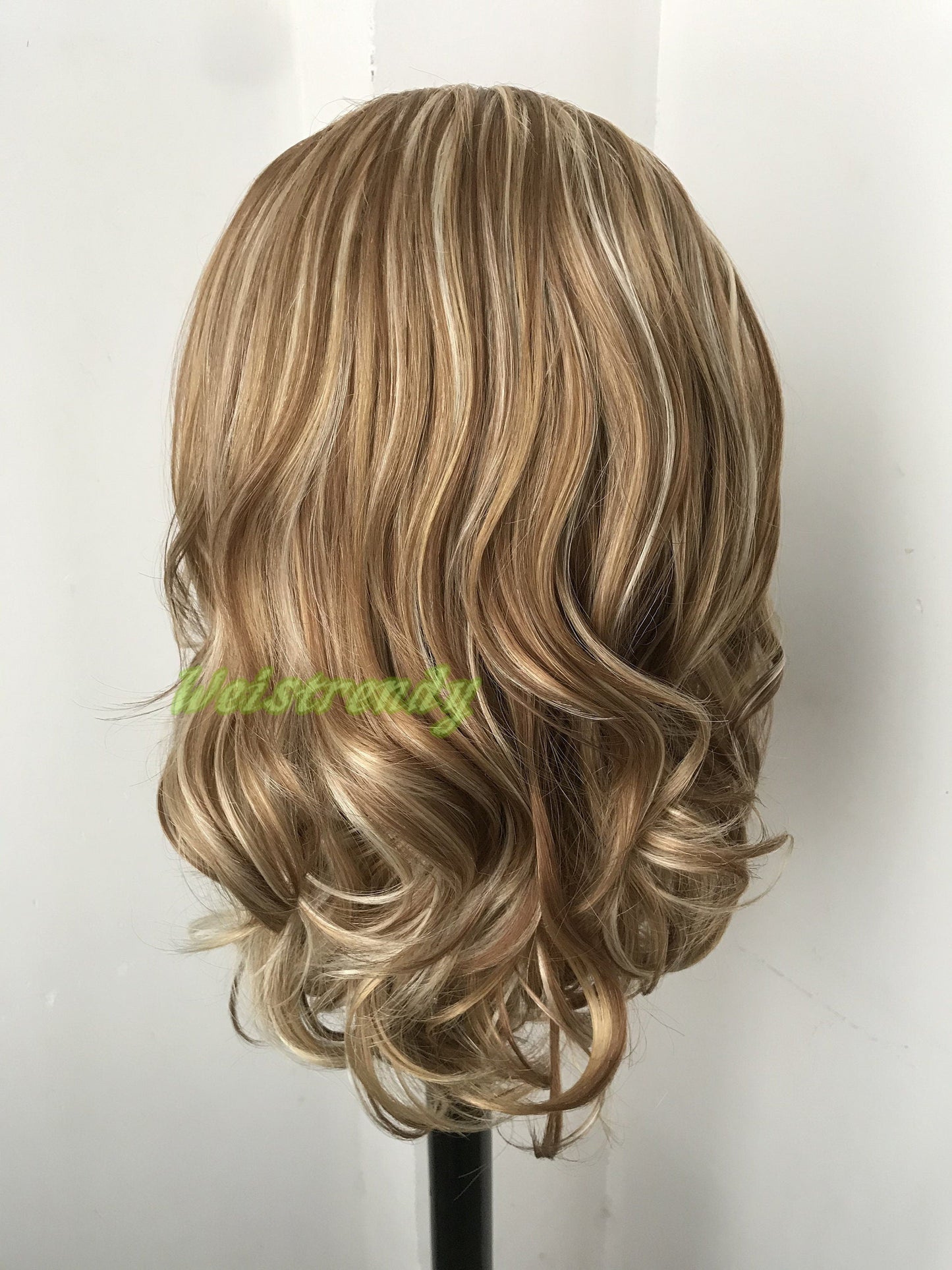 Mixed Brown Blonde Hightlights Medium Length Waves Hair Synthetic Soft Swiss Lace Frontal Wig Free Part Heat Friendly