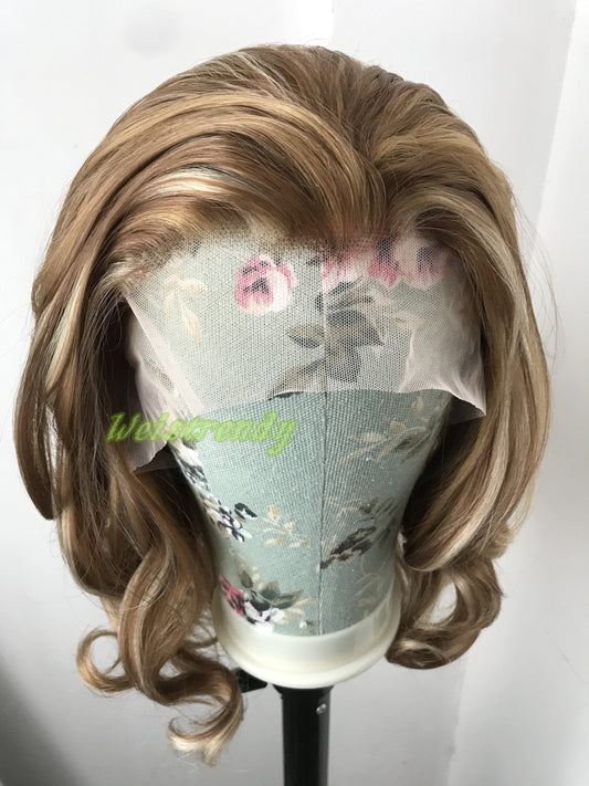 Mixed Brown Blonde Hightlights Medium Length Waves Hair Synthetic Soft Swiss Lace Frontal Wig Free Part Heat Friendly