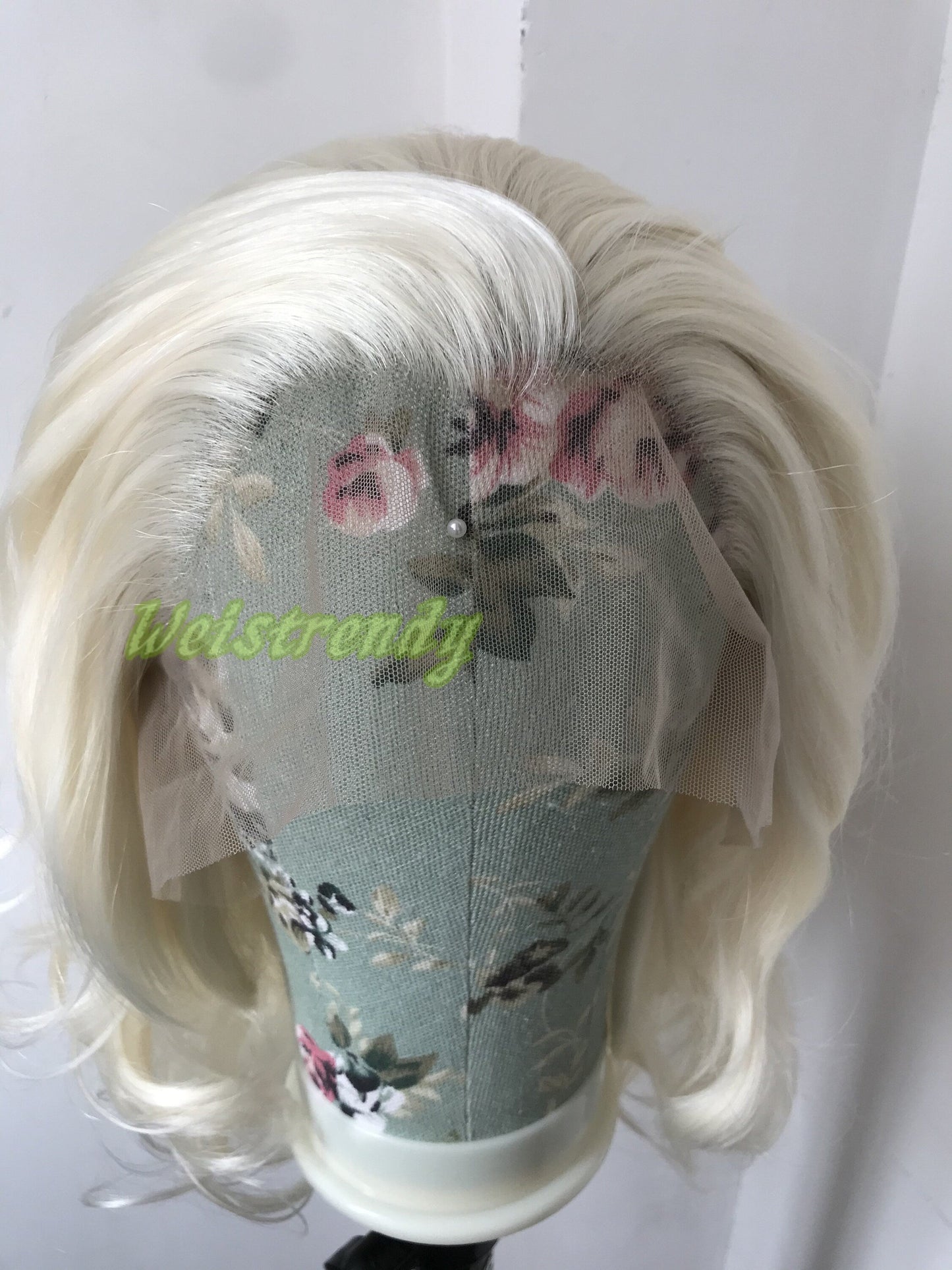 Platinum Blonde Medium Length Waves Hair Premium Synthetic Soft Swiss Lace frontal Wig Free Part Heat Friendly