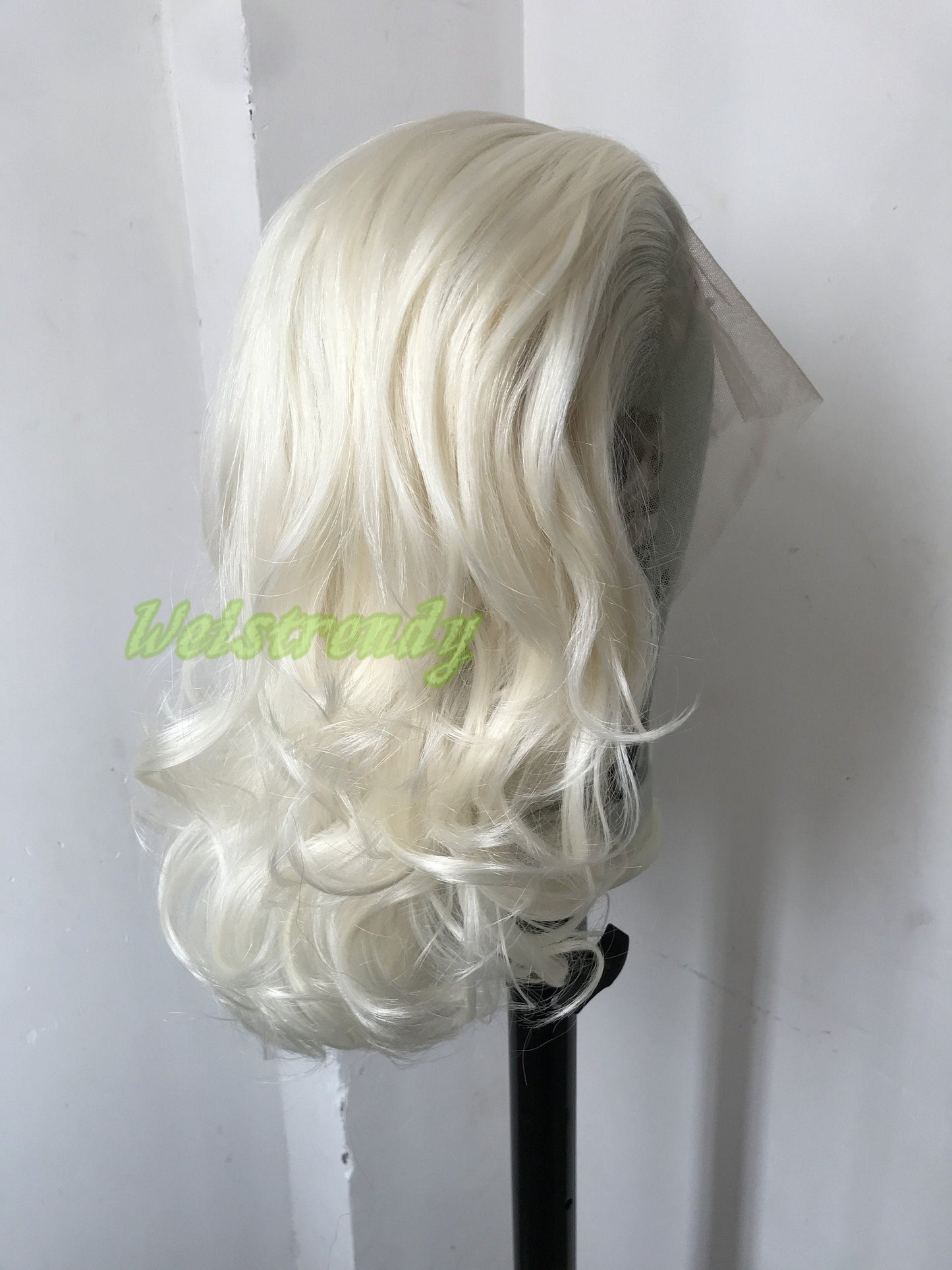 Platinum Blonde Medium Length Waves Hair Premium Synthetic Soft Swiss Lace frontal Wig Free Part Heat Friendly