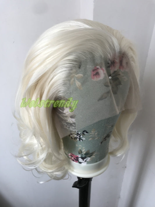 Platinum Blonde Medium Length Waves Hair Premium Synthetic Soft Swiss Lace frontal Wig Free Part Heat Friendly
