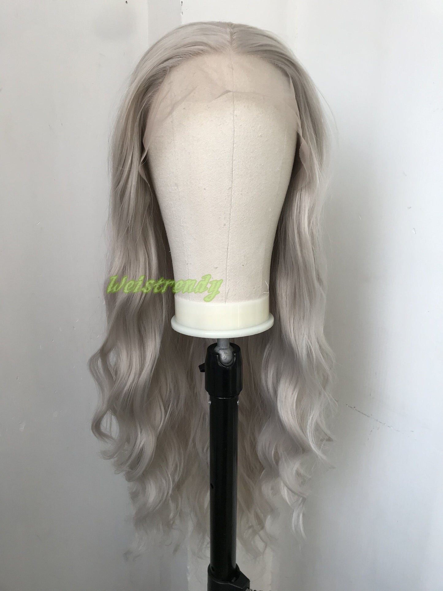 Pale Grey | Ash Blonde Long Water Waves Hair Synthetic Swiss Lace Frontal Wig Heat Safe Free Parting