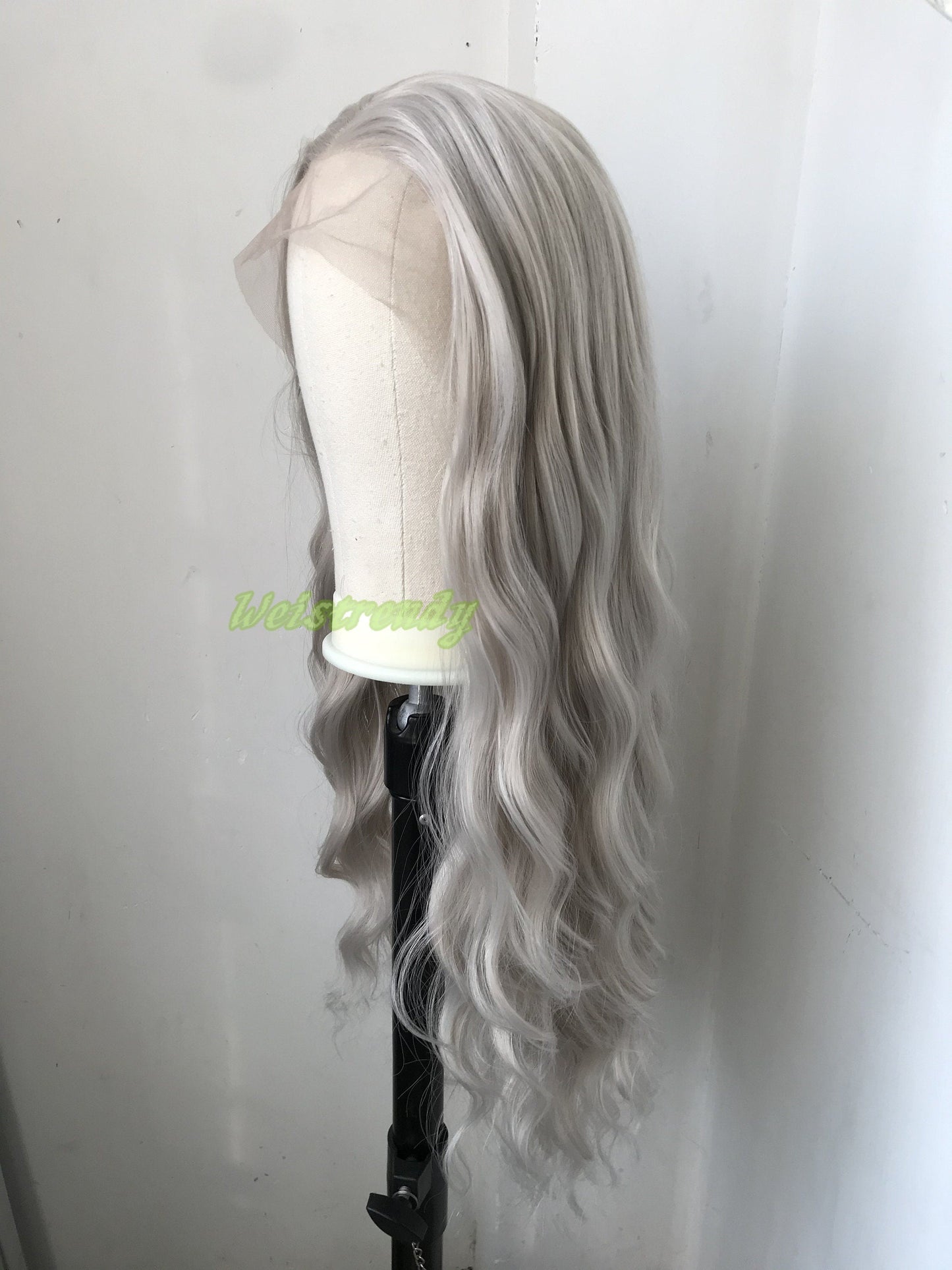 Pale Grey | Ash Blonde Long Water Waves Hair Synthetic Swiss Lace Frontal Wig Heat Safe Free Parting