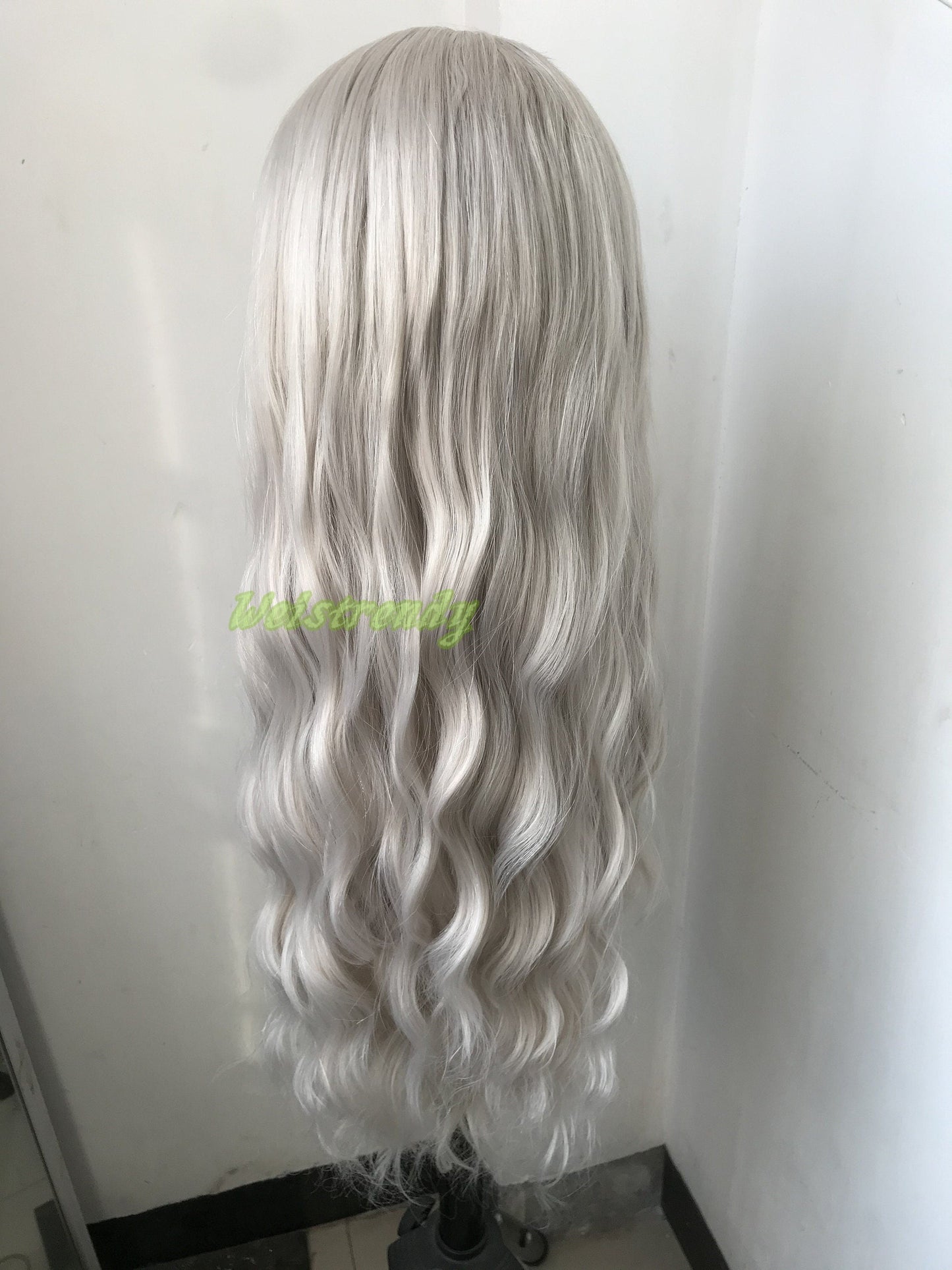 Pale Grey | Ash Blonde Long Water Waves Hair Synthetic Swiss Lace Frontal Wig Heat Safe Free Parting