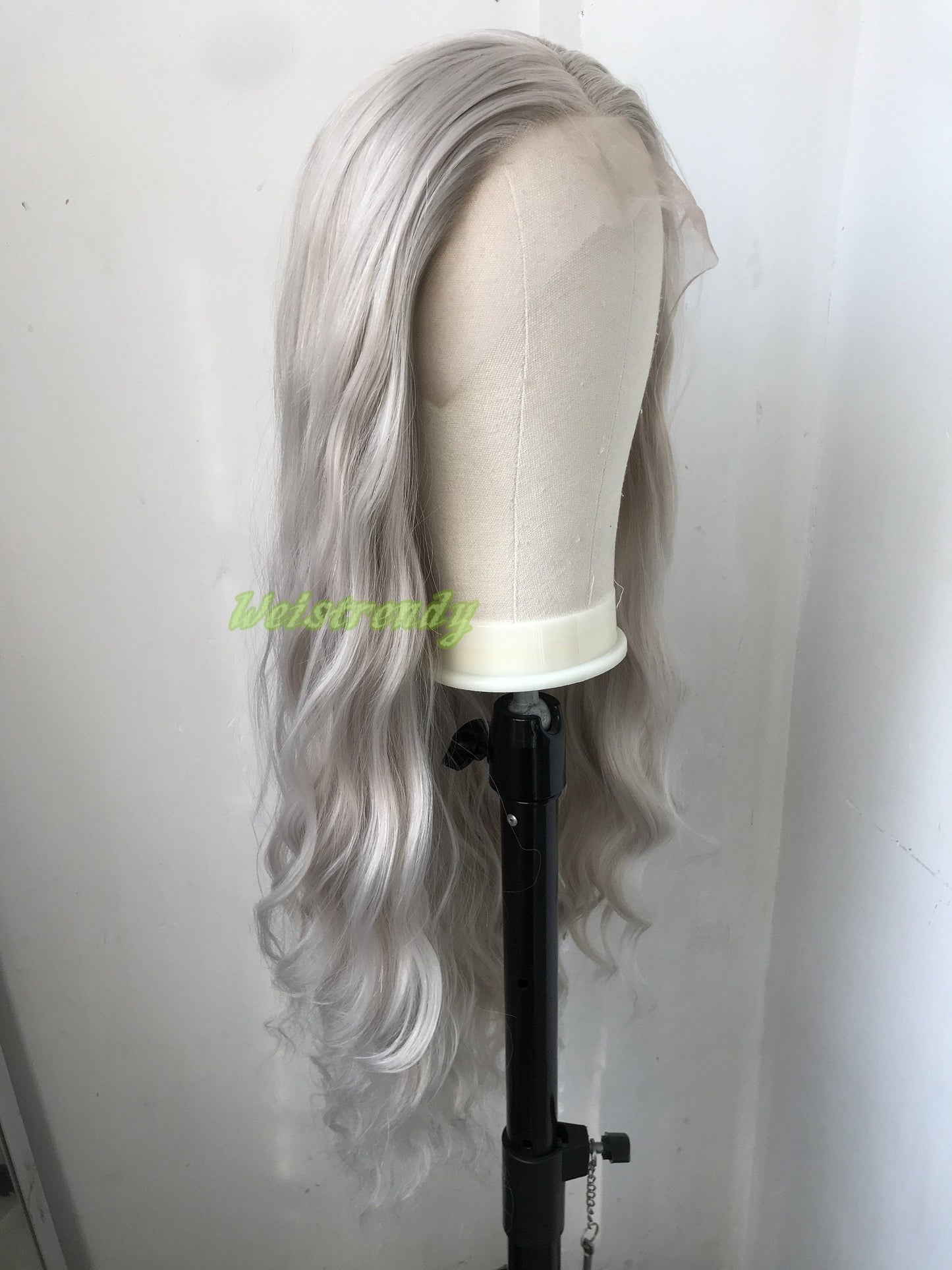 Pale Grey | Ash Blonde Long Water Waves Hair Synthetic Swiss Lace Frontal Wig Heat Safe Free Parting