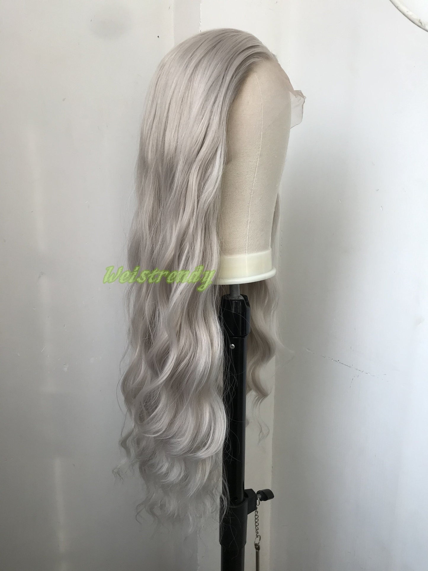 Pale Grey | Ash Blonde Long Water Waves Hair Synthetic Swiss Lace Frontal Wig Heat Safe Free Parting