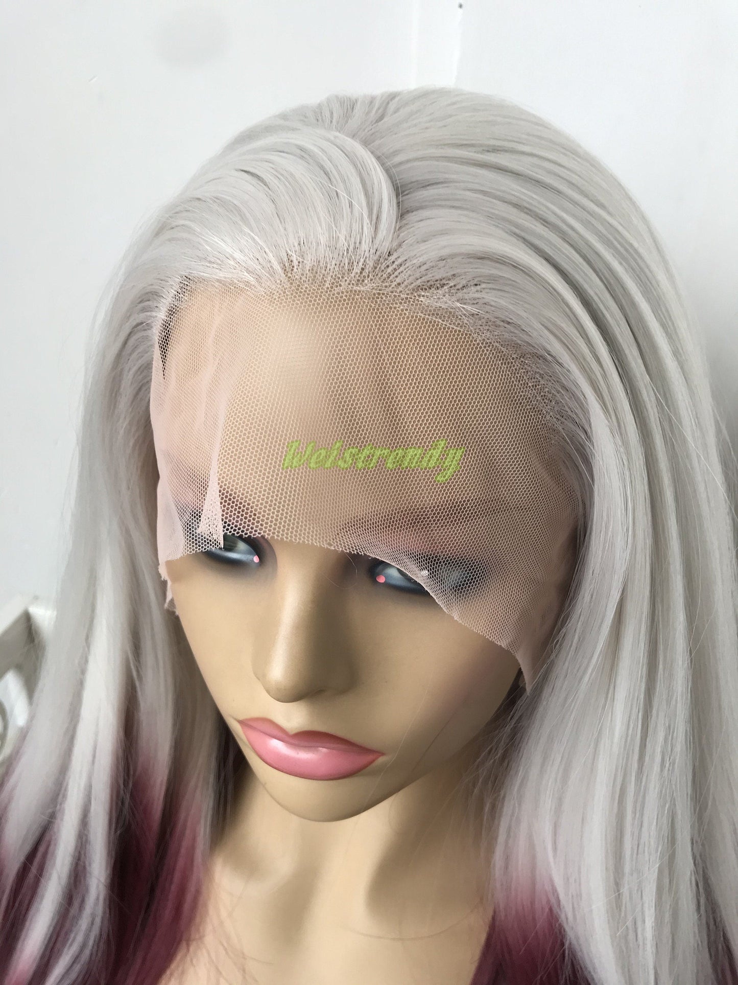Pastel Grey Wine Red Ombre Long Straight Hair Premium Synthetic Lace Front Wig Free Part