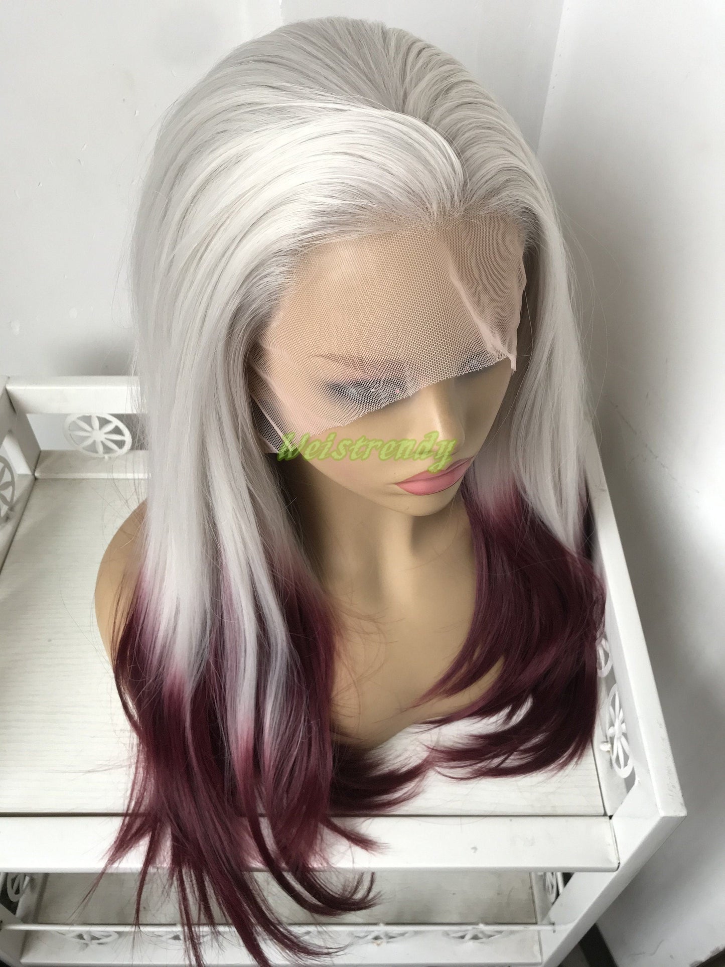 Pastel Grey Wine Red Ombre Long Straight Hair Premium Synthetic Lace Front Wig Free Part