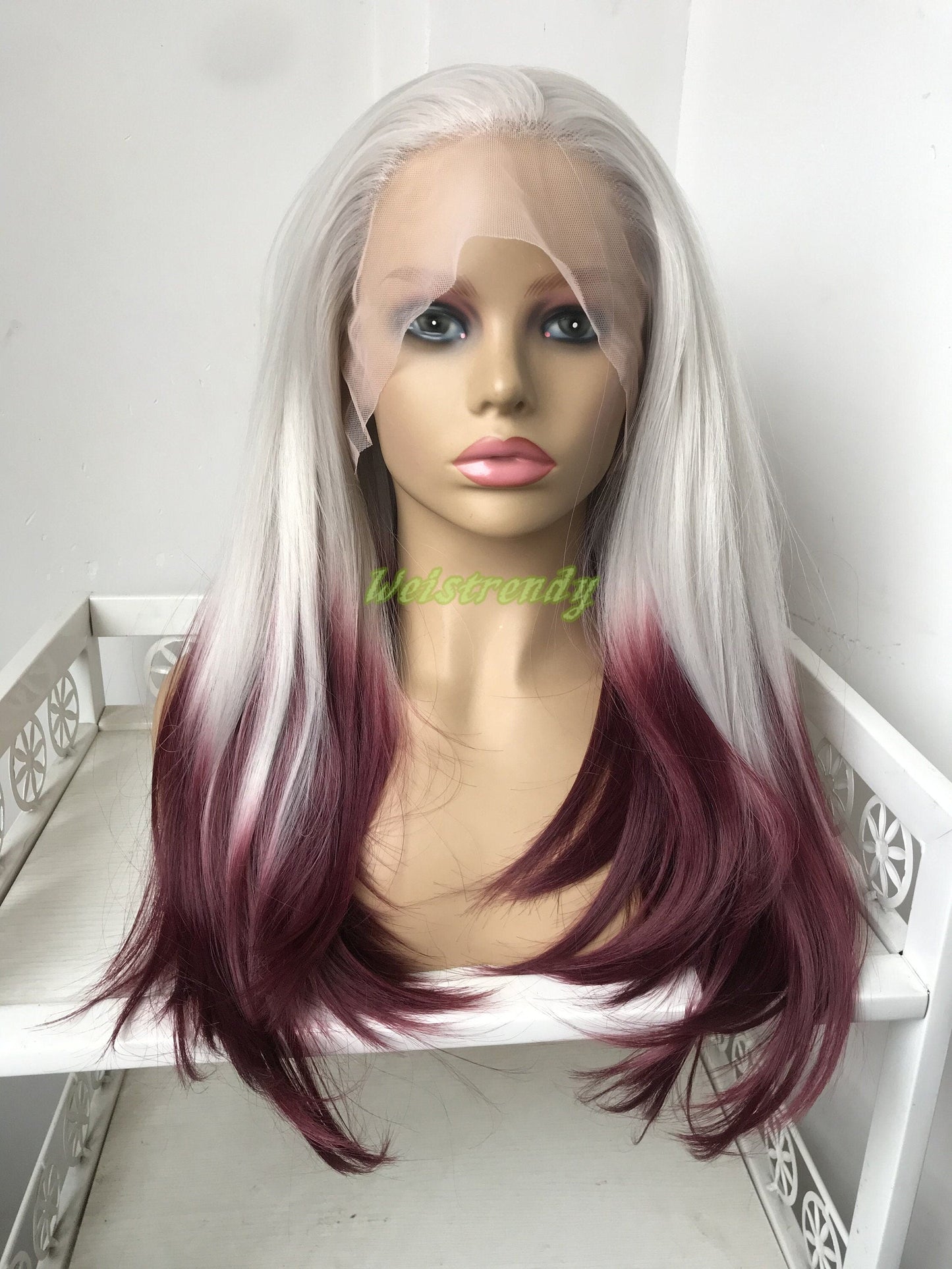 Pastel Grey Wine Red Ombre Long Straight Hair Premium Synthetic Lace Front Wig Free Part