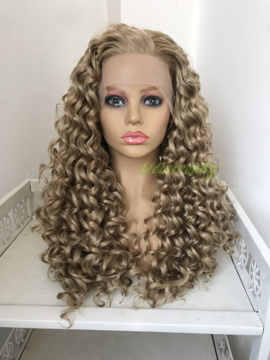 Blonde Long Ring Curls Hair Premium Synthetic Fibre Heat Safe Glueless Lace Frontal Wig